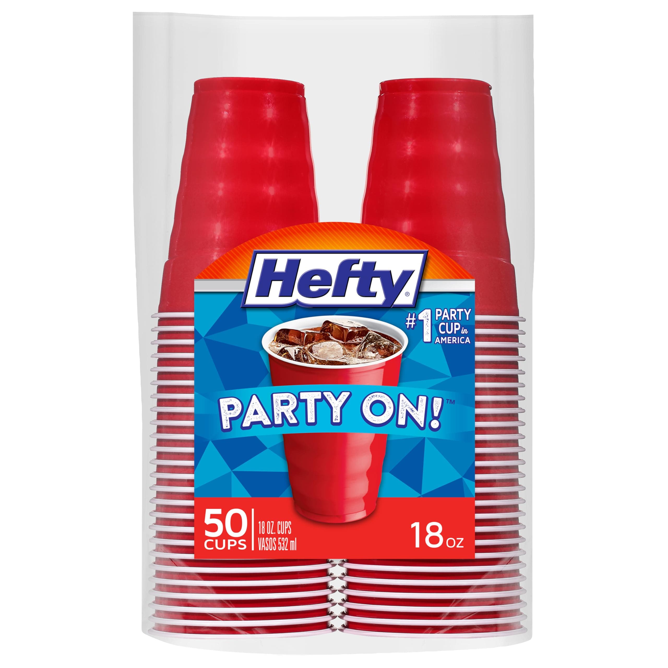 Party On Disposable Plastic Party Cups, 50 Count, 18 Oz Red Cups for Parties, Tailgates, Birthdays, Holidays, and More, Contoured Shape for Easy Gripping, Strong and Durable