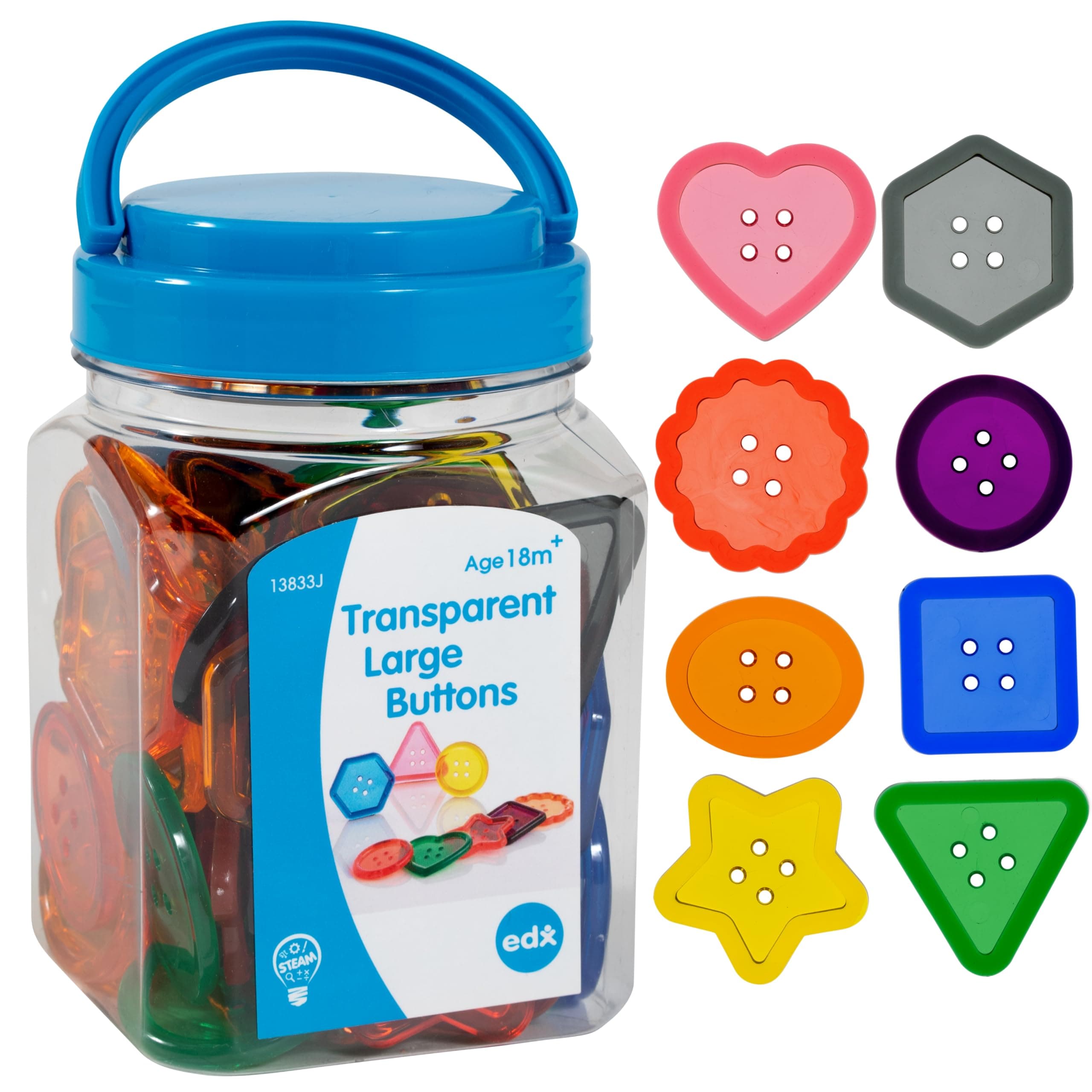 edxeducation Transparent Large Buttons | Mini Jar | Light Table Accessories | For Ages 18m+ | Sensory and Fine Motor Skill Development