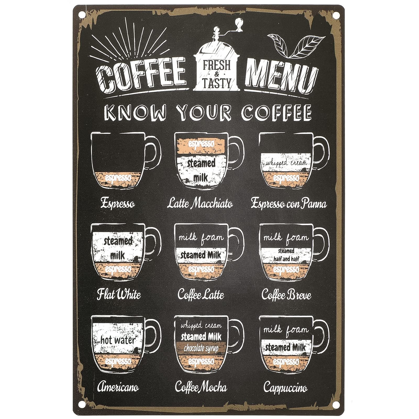 Ripeng Vintage Metal Tin Coffee Sign - Know Your Coffee Menu, 12x8 Inch Retro Wall Decor Accessories for Bar & Kitchen, Farmhouse Style - Black