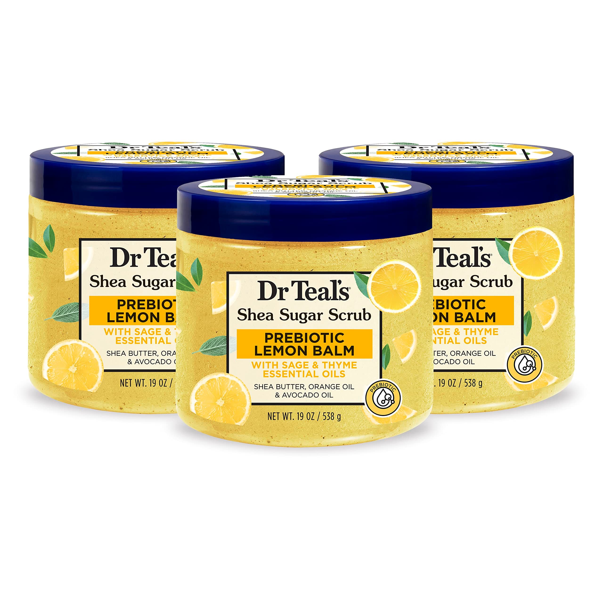 Dr Teal's Shea Sugar Scrub, Prebiotic Lemon Balm, 19 oz (Pack of 3) (Packaging May Vary)