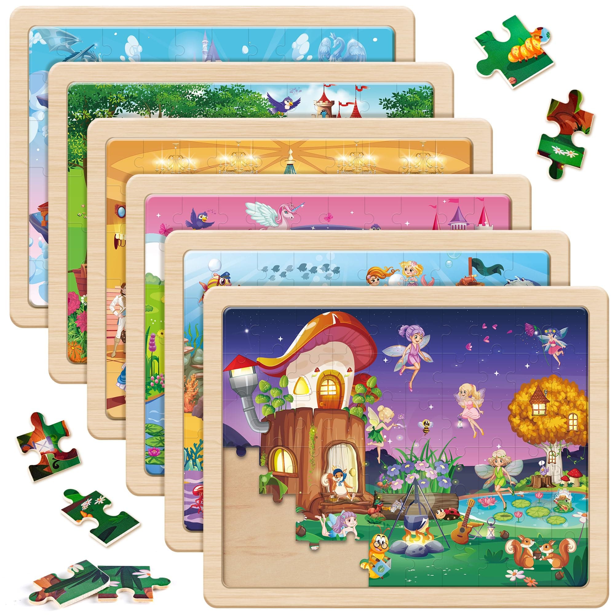 SYNARRY Unicorn Mermaid Princess Fairy Wooden Puzzles for Kids Ages 4-6, 6 Packs 60 PCs Jigsaw Puzzles for Kids Ages 4-8, Preschool Toys Gifts for Toddlers 3-5, Wood Puzzles for 3 4 5 6 Year Old Girls