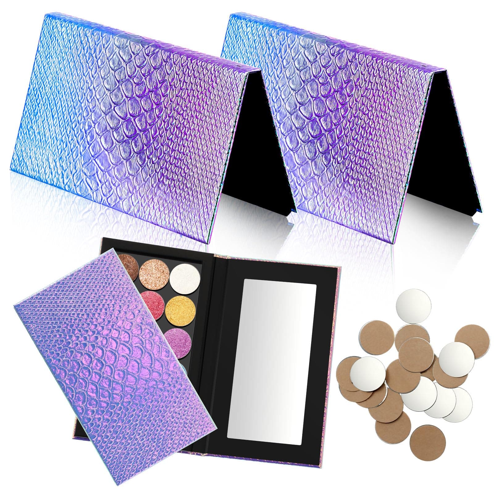 2 Pieces Magnetic Mermaid Empty Palette with Mirror and 36 Pcs Adhesive Metal Stickers Large Mermaid Makeup Empty Palette for Eyeshadow Lipstick Blush Powder