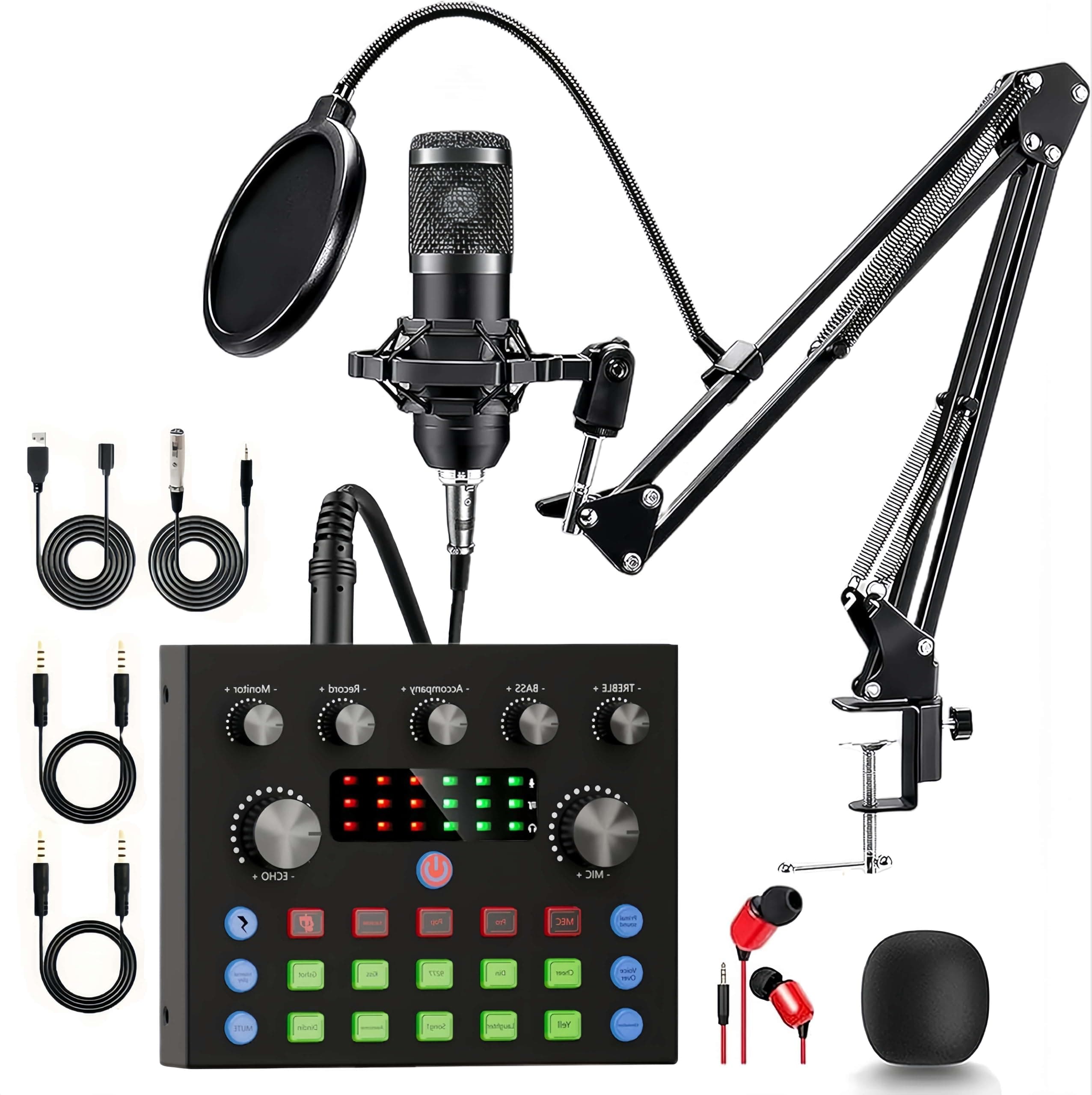 BM-800 Podcast Equipment Bundle, Voice Changer Microphone Kit with Stand, Professional Recording Studio Package for Live Streaming (Black)