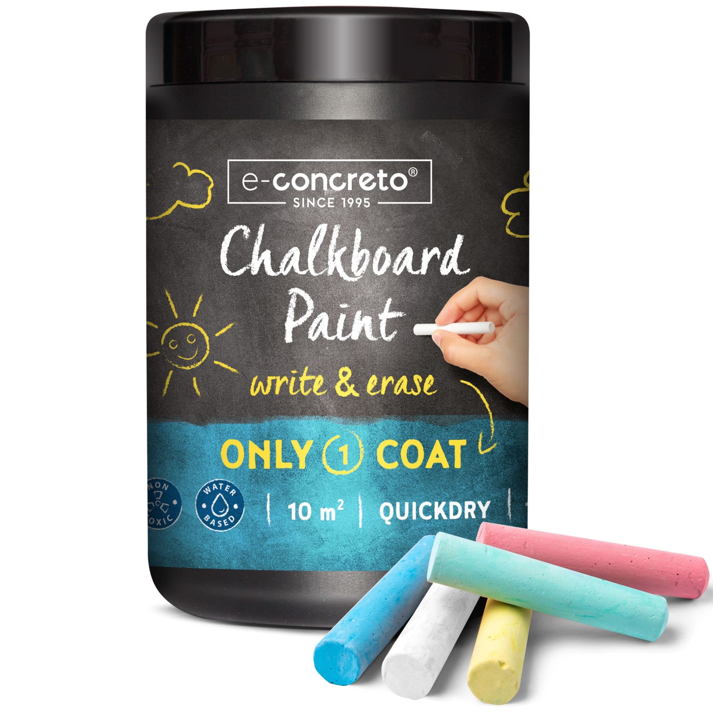 One Coat Blackboard Paint Black + Chalk (1000ml) | Water-based and Non-toxic | Black Chalkboard Paint