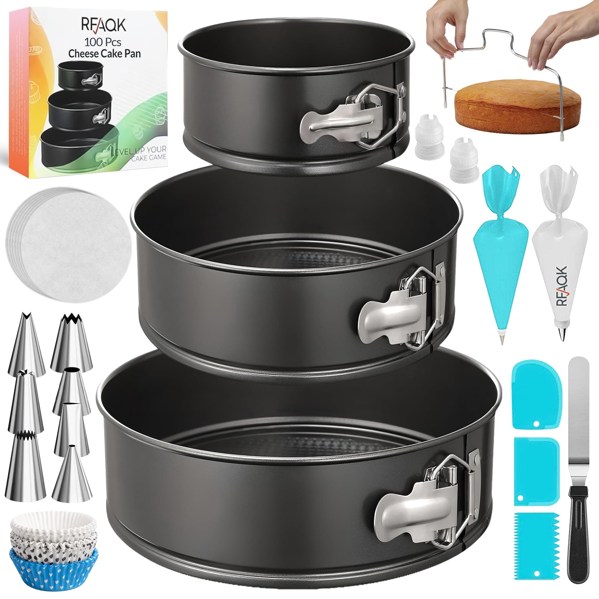 RFAQK 100pcs Cake Pan Sets for Baking + Cake Decorating Supplies: 3 Non-Stick Springform Pans Set (4, 7, 9 inches), Icing Tips, Cake Leveler – Multi-functional Leak-Proof CheeseCake Pan & eBook