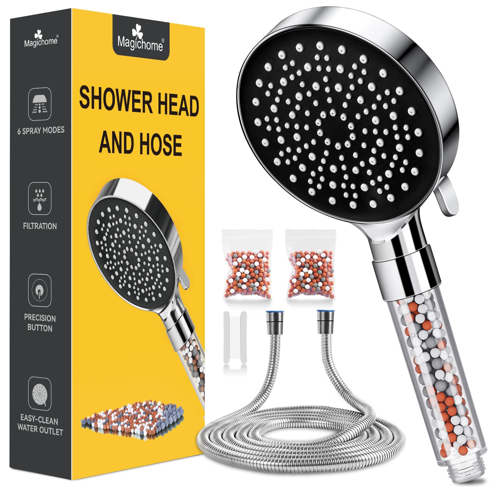 Filter Shower Head and Hose 2m, Magichome 6 Modes High Pressure Hard Water Filter Shower Head for Low Water Pressure with Extra Replaceable Accessories