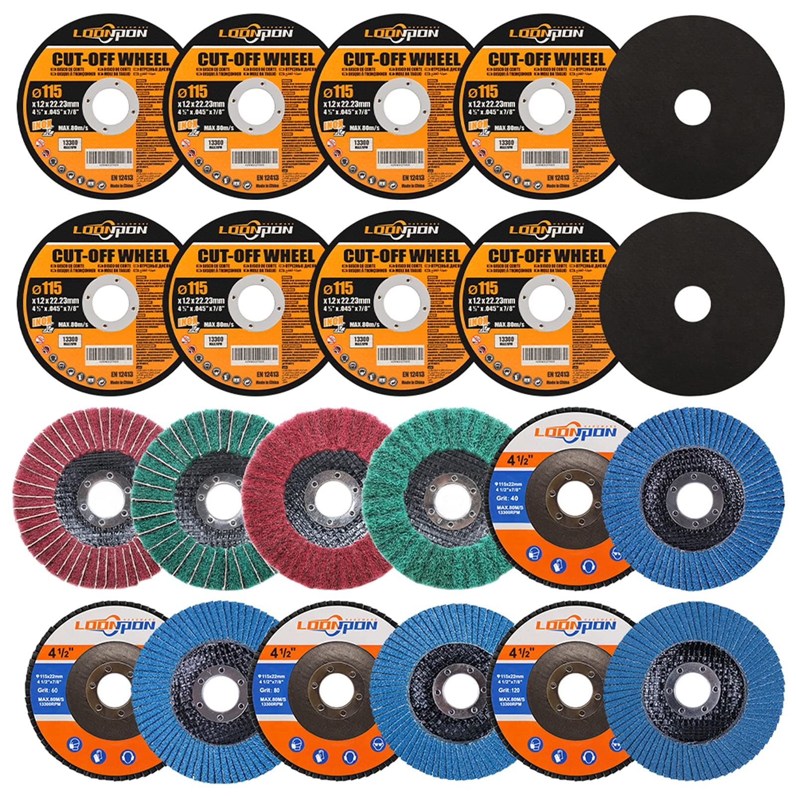 4-1/2" x 7/8" Cut Off Wheel & Nylon Polishing Disc & Flap Disc Set for Angle Grinder, Assorted Sanding Grinding Wheels for Cutting, Grinding and Polishing (22Pcs)