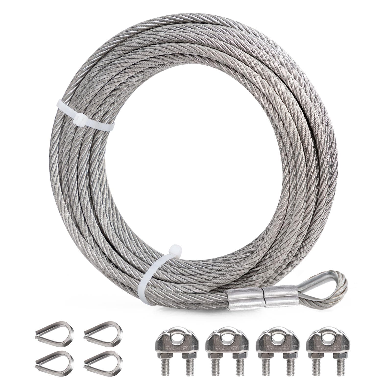 DOEWORKS Wire Rope 1/4" Stainless Steel Cable, 50ft 7 X 19 Strands,Steel Aircraft Cable with Loops, Wire Rope Clip, Thimble, for Yard Zipline, Boat Lifts, Deck Railing
