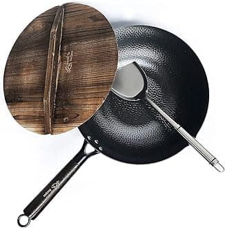 12.5 Inch Carbon Steel Wok For Electric, Induction and Gas Stoves (Lid, Spatula and User Guide Video Included)