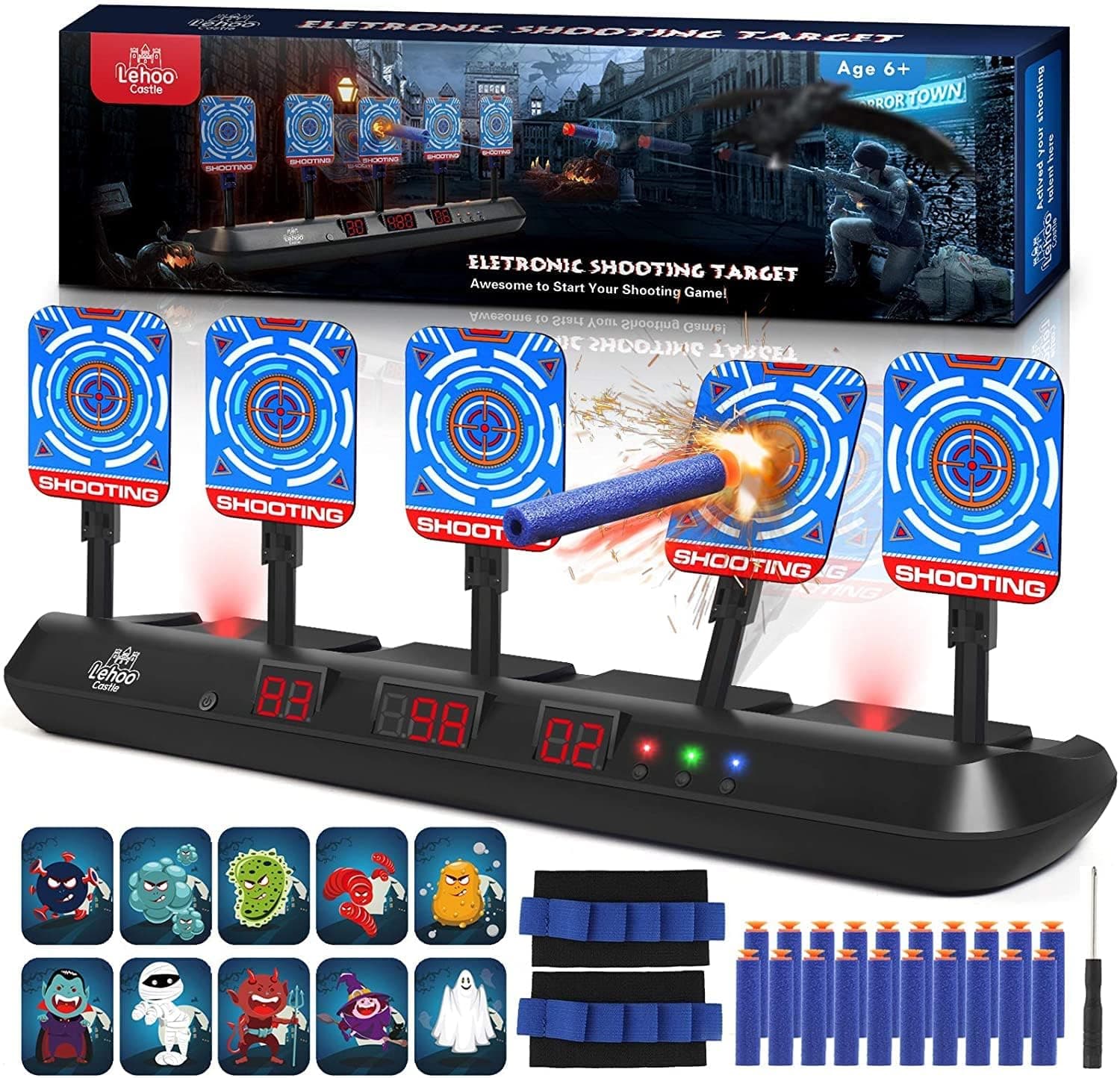Lehoo Castle 5 Targets Digital Electronic Shooting Target for Nerf Guns 3 Game Modes Electronic Kids Nerf Shooting Target Boy and Girls Shooting Games for Halloween