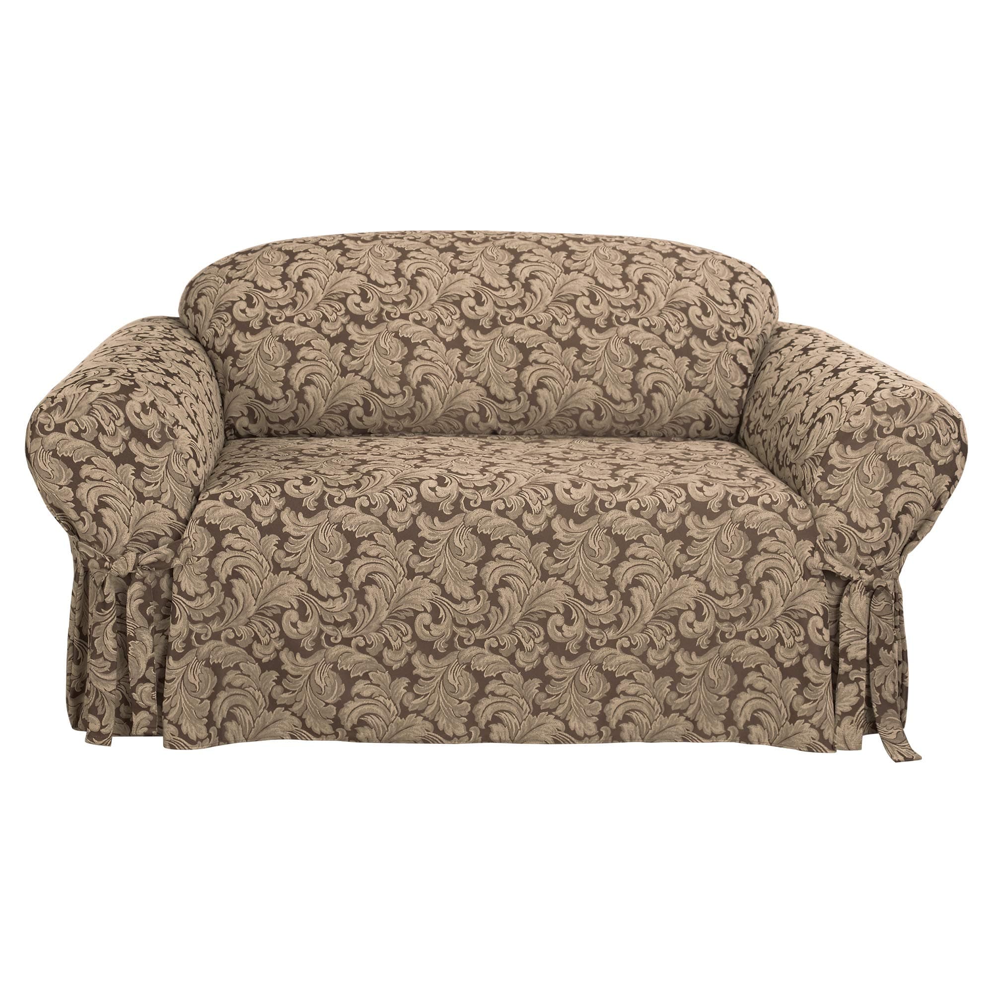 SureFit Home Décor SF36217 Scroll Damask Box Cushion Sofa Cover, Relaxed Fit, Cotton/Polyester, Machine Washable, One Piece, Brown Color