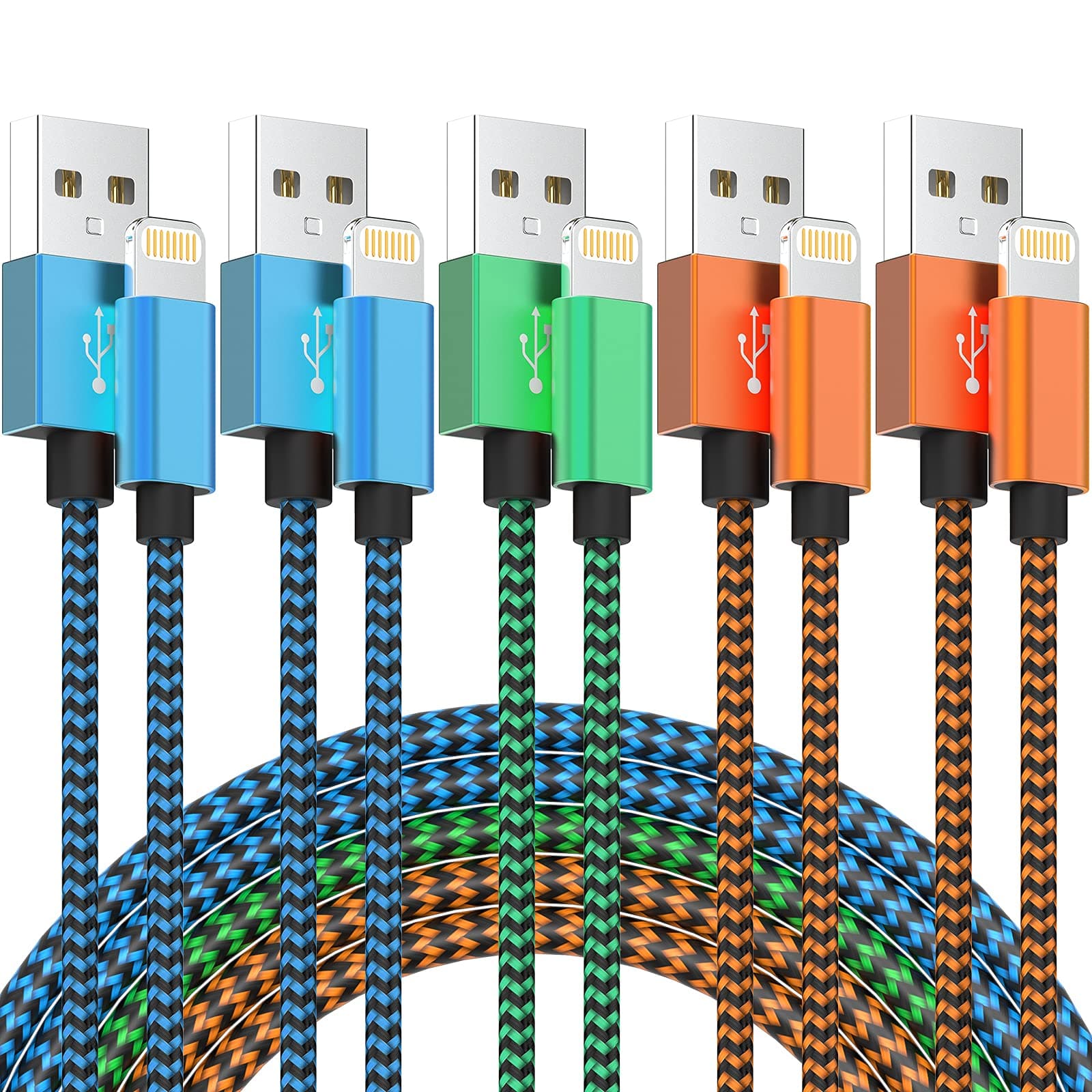 iPhone Charger Cable (6 FT) [MFi Certified] Nylon Braided Fast Charging Long Cables Compatible iPhone 14 13 12Pro Max/Pro/mini/11Pro Max/11Pro/11/XS/Xs Max/XR and More-Color, 5 Count (Pack of 1)Carbonfree Certified