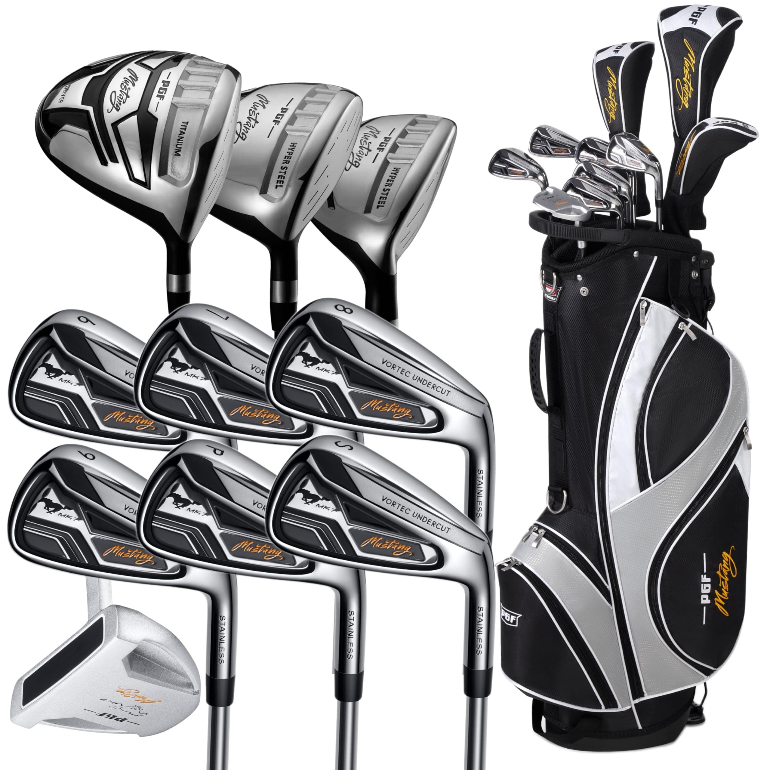 PGF Men's Mustang MK7 Complete Golf Club Package Set [Flex:Regular][14-Pieces]