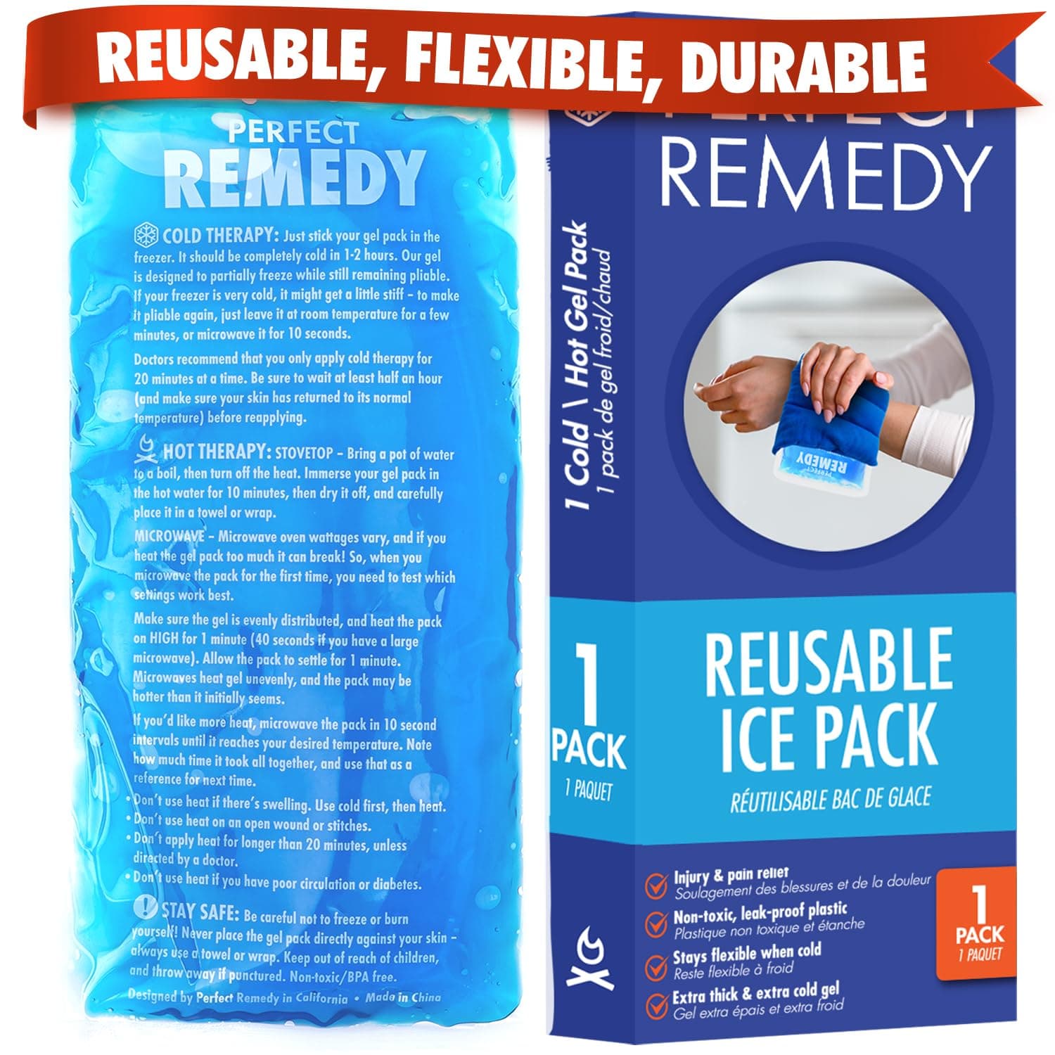 Perfect Remedy Reusable Gel Ice Pack for Hot and Cold Compress, Ice Packs for Injuries Reusable Gel, for Injury Recovery and Muscle Pain Relief (1-Pack, Blue, Regular)