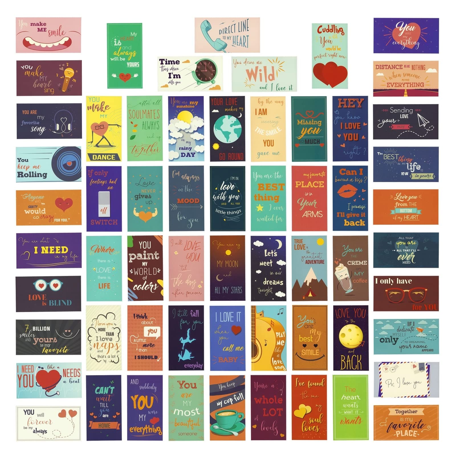 60-Pack Love Notes for Her - 2 x 3.5 In, Multicolor, 250gsm Cardstock - Love Notes for Him with Envelopes Included