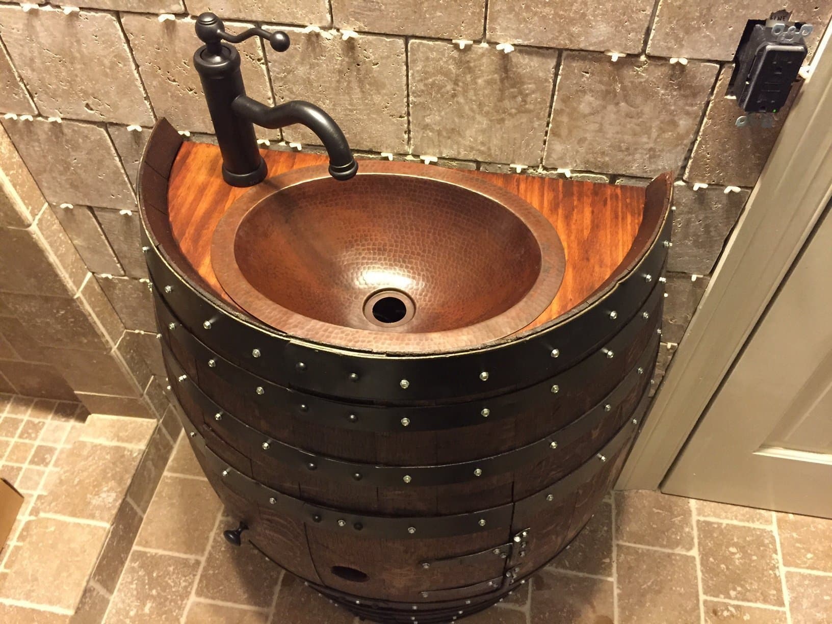 French Oak Wine Barrel Bathoom Vanity table complete with UNDER COUNTER hammered copper sink, FORTIS Tuscan Bronze Caffe Single Hole Bathroom Faucet and black matte bands SS113MH