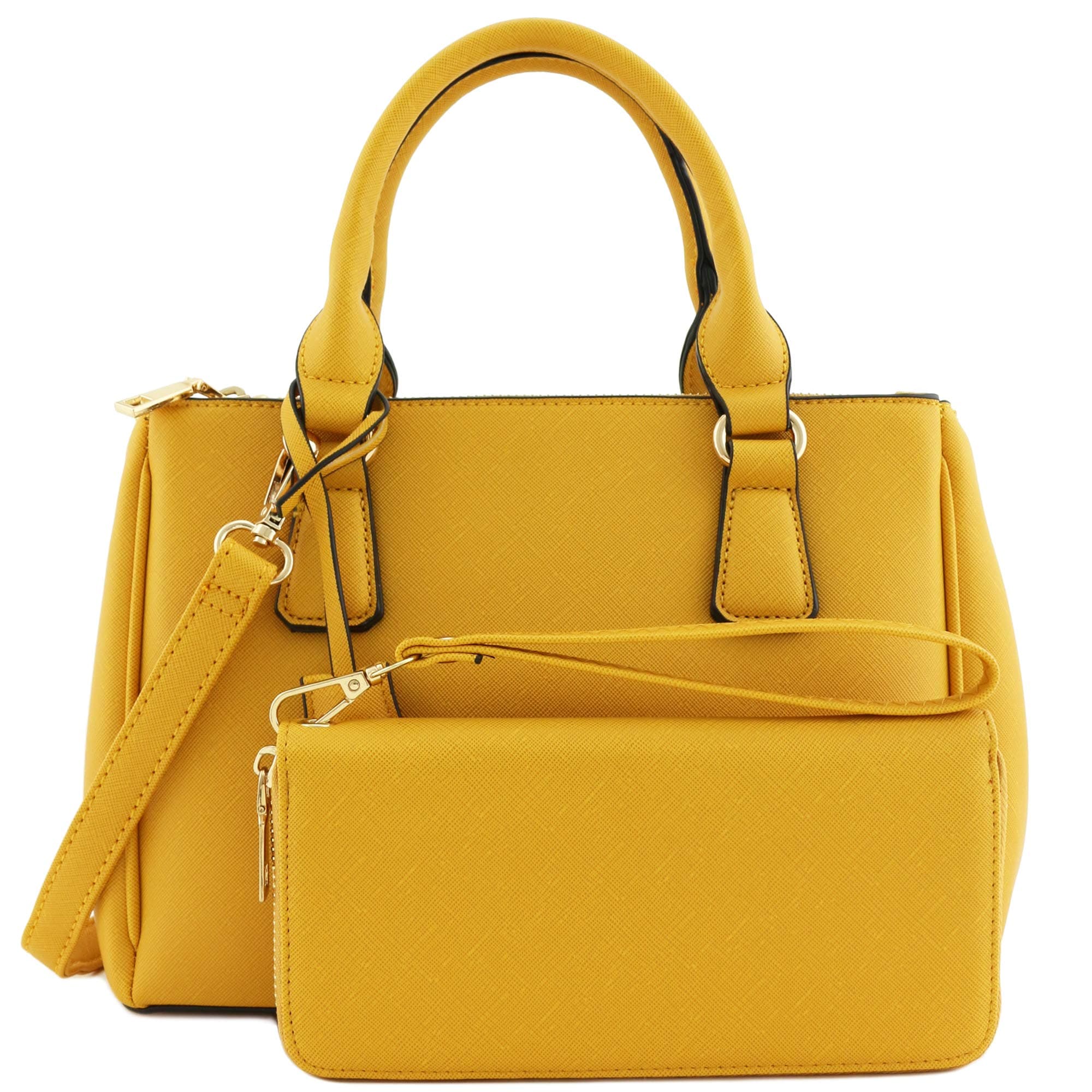 2pcs Set Classic Triple Zip Top Handle Small Satchel Bag with Zip Around Wallet