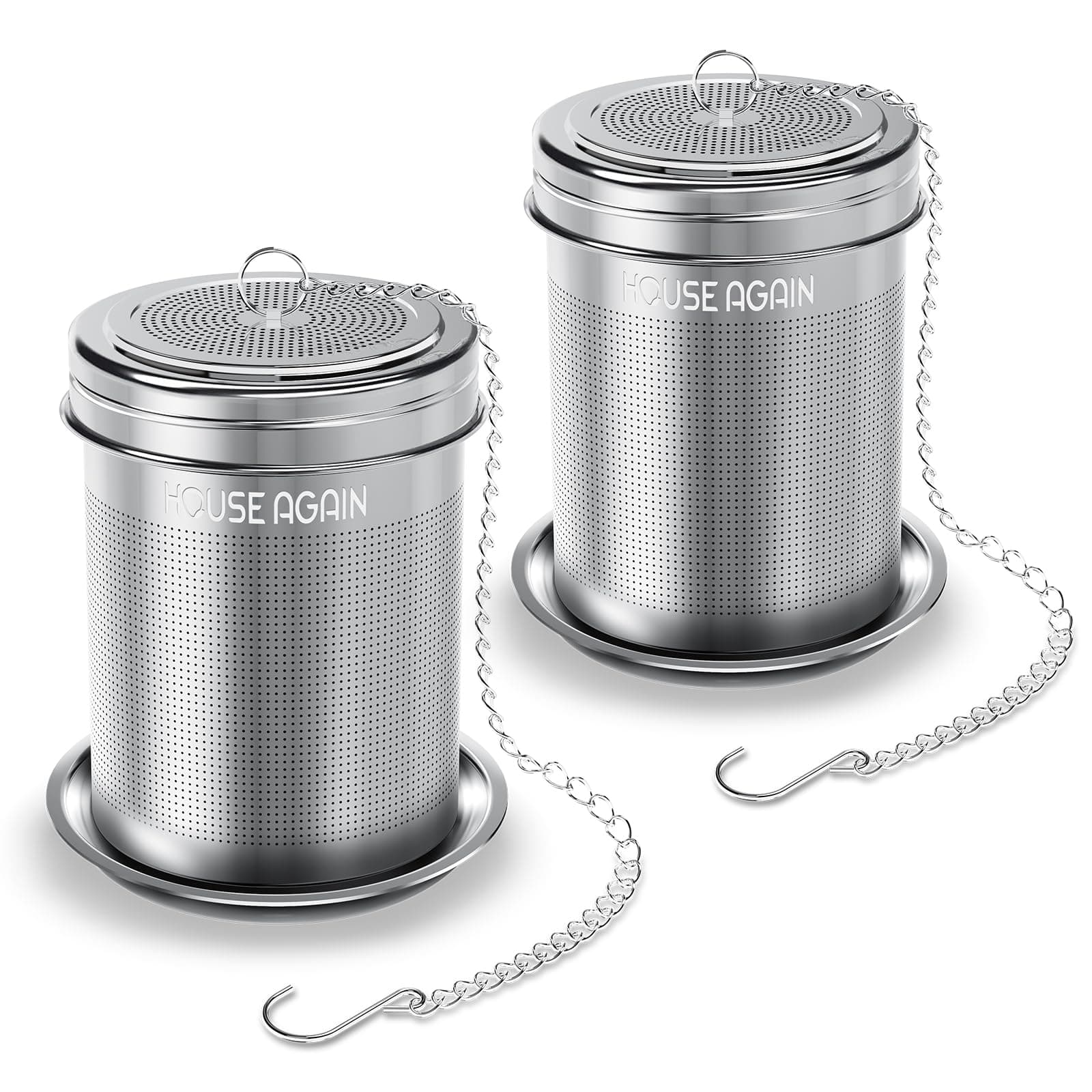 House Again 2 Pack Tea Infuser by, Extra Fine Mesh Tea Ball Threaded Connection 18/8 Stainless Steel with Extended Chain Hook for Hanging on Teapots Mugs Cups to Brew Loose Leaf Tea