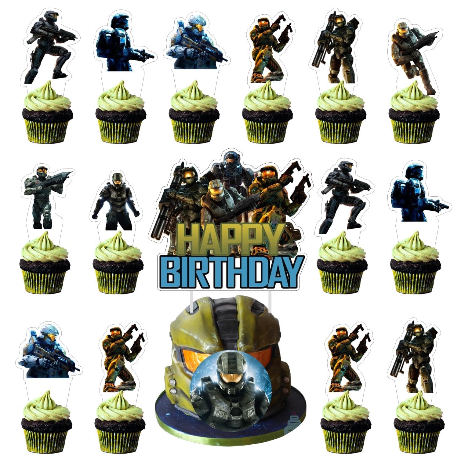25pcs The Master Chief Decorations with 1pcs Cake Topper, 24pcs Cupcake Toppers for Kids Birthday Party Supplies