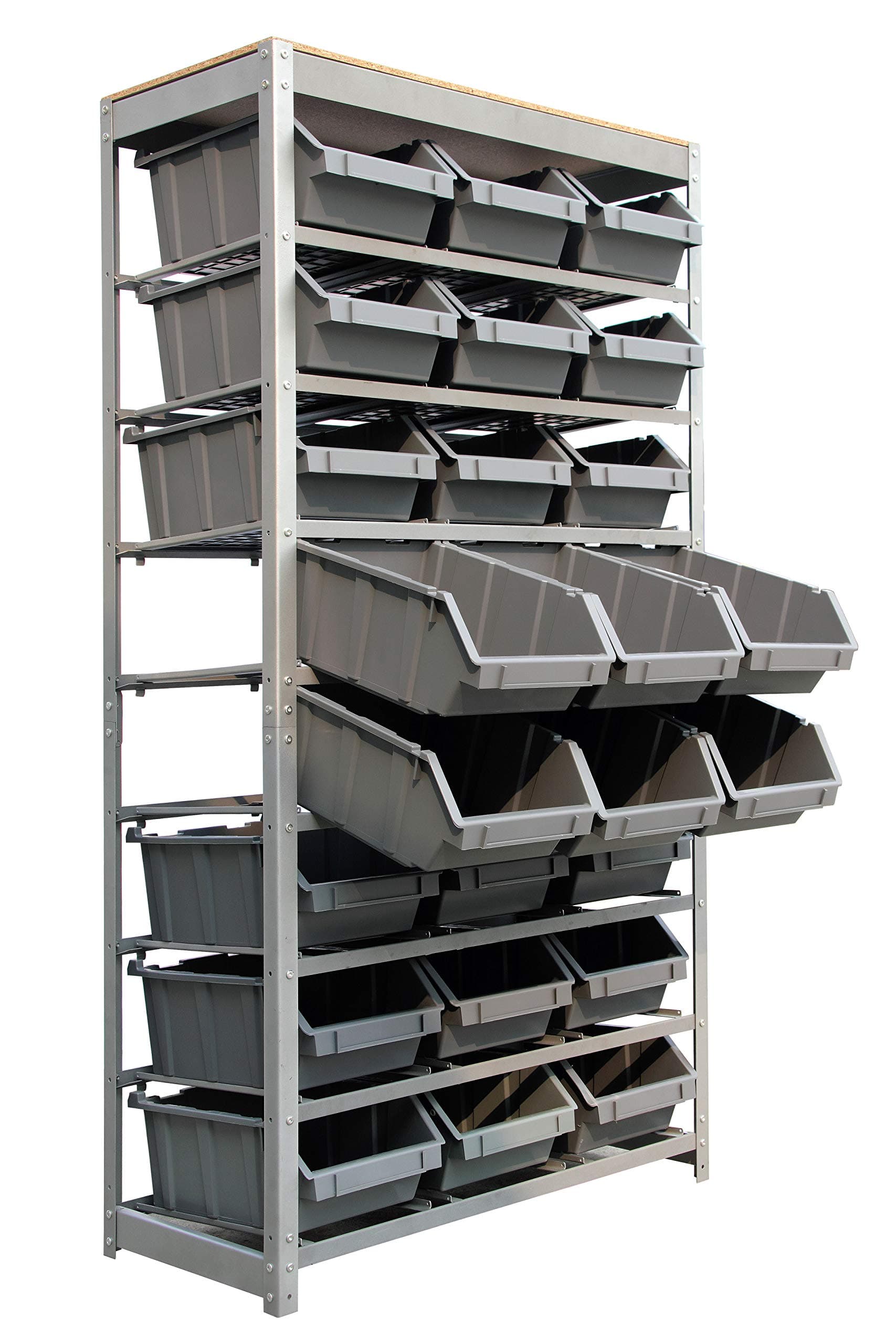 King's Rack Bin Rack Storage System Heavy Duty Steel Rack Organizer Shelving Unit w/ 24 Plastic Bins in 8 Tiers