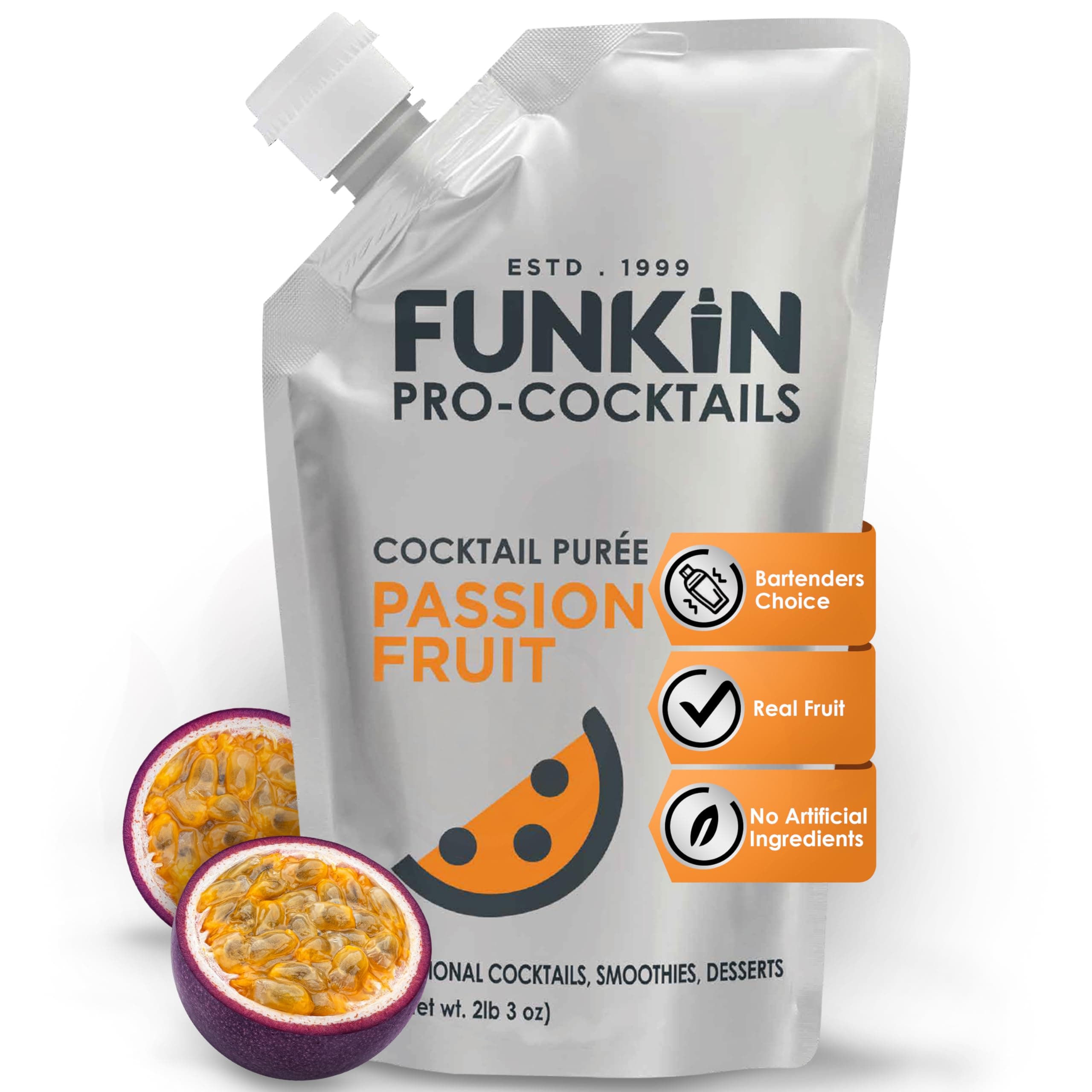 FUNKIN Passion Fruit Puree Cocktail Mixer | Made with Real Passionfruit | Fresh Fruit Puree for Professional Cocktails, Smoothies, & Desserts | 0% ABV | Resealable Pouch | 1kg, Pack of 1