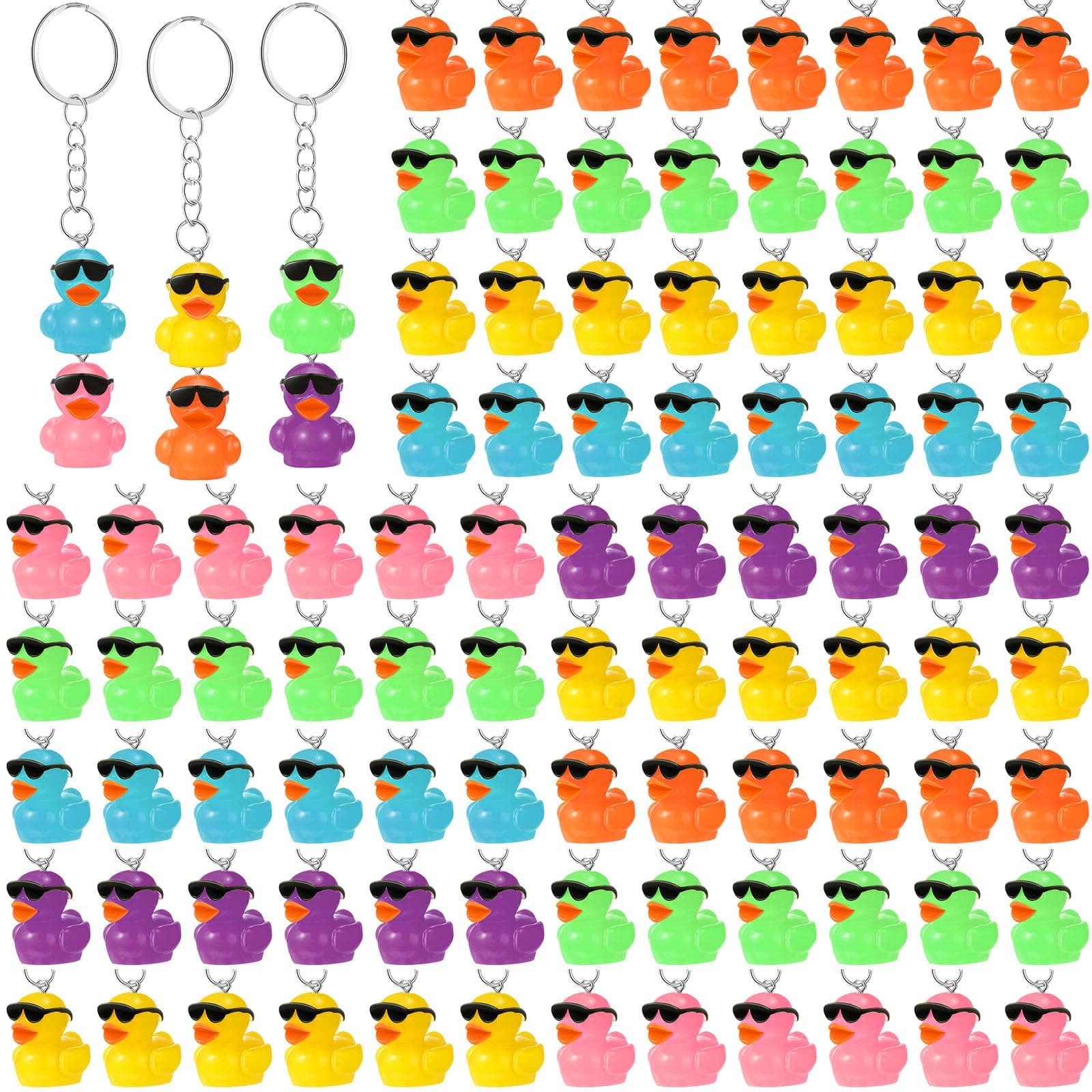 Roowest 100 Pcs Mini Resin Duck Keychains Bulk Mini Sunglasses Resin Ducks Charms Pendant Accessories for Gifts Birthday Party Favors Baby Shower