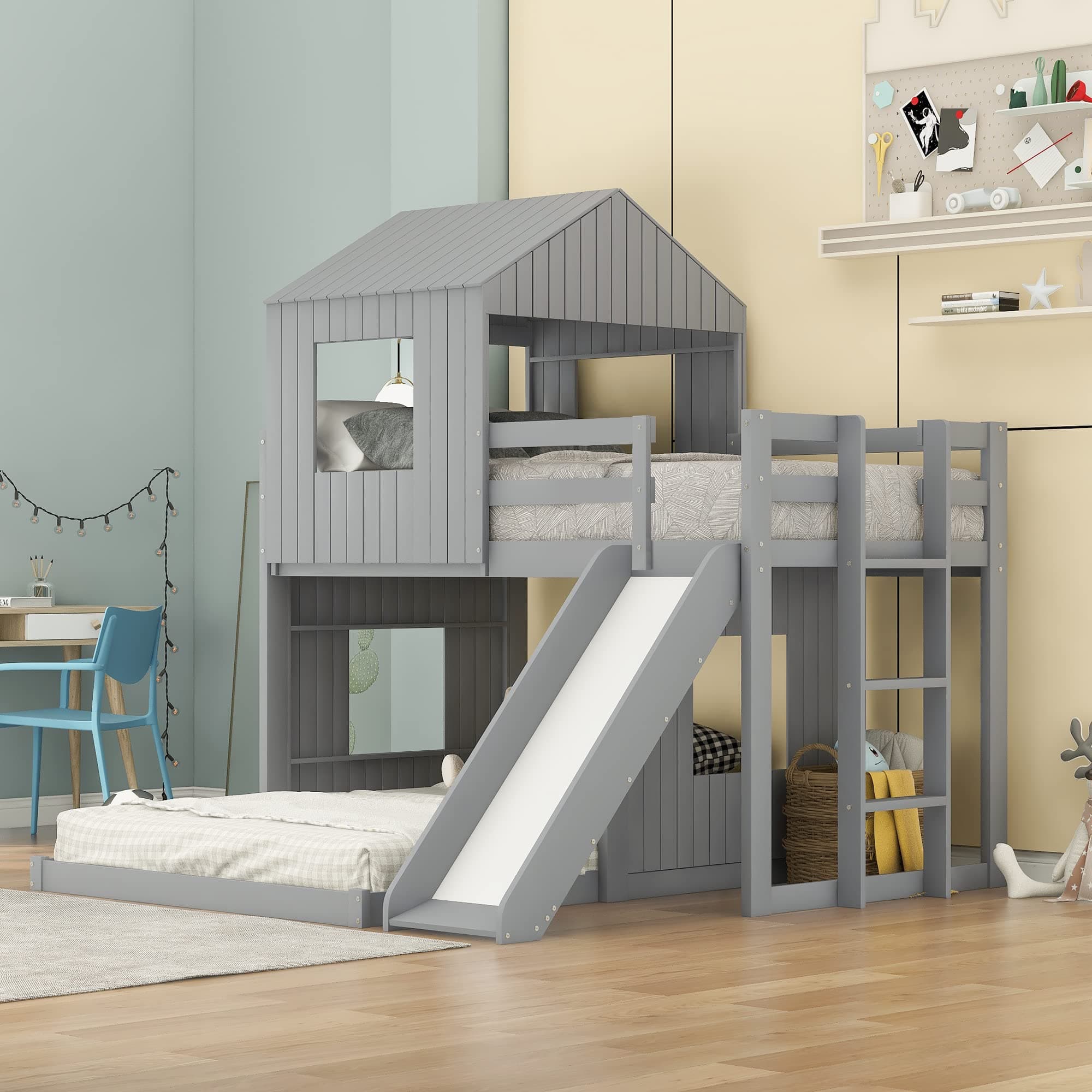 Twin Over Full House Bunk Beds with Full Size Bottom Platform Bed Frames and Slide, Gray