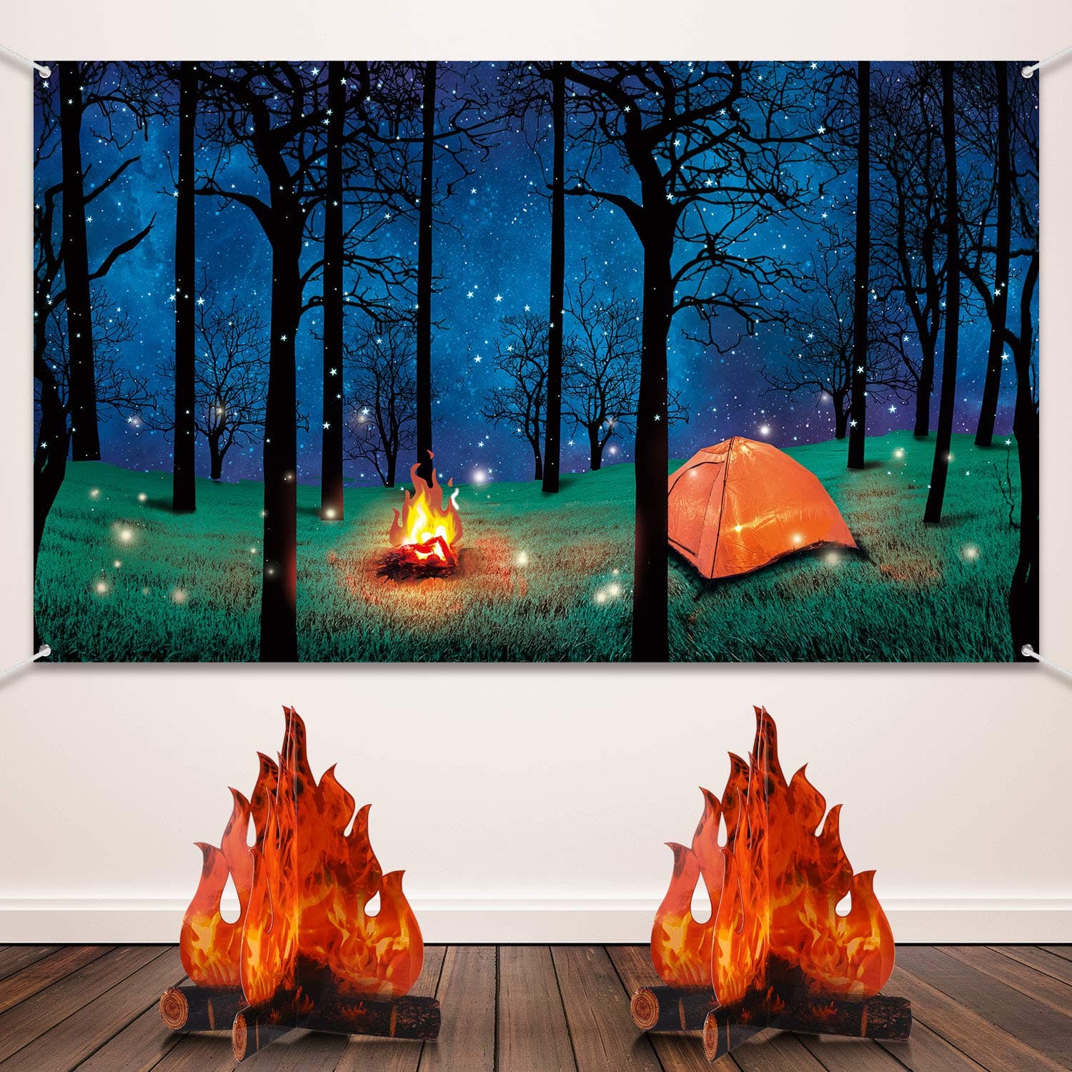 Forest Scene Camping Backdrop Photography Background Campfire Photo Backdrop and 2 Sets 3D Decorative Cardboard Campfire Centerpiece Artificial Fire Party Decoration for Camping Theme Party