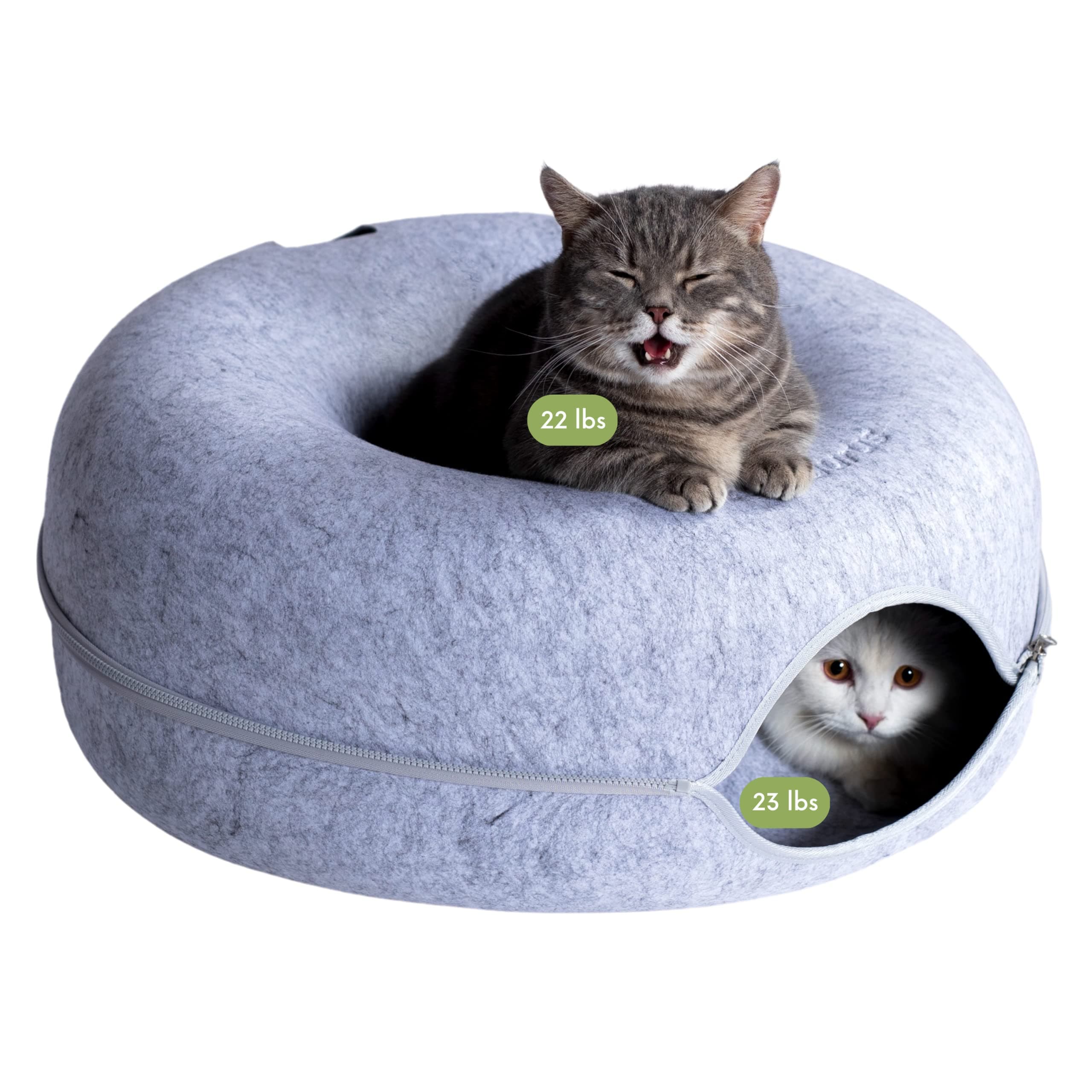Cattasaurus Peekaboo Cat Cave Donut for Multiple & Large Cats up to 30-45 lbs, 3-in-1 Self Warming Cat Bed, Tunnel & Scratcher for Indoor Cats, Washable & Detachable Small Dog Bed (Light Gray, Large)
