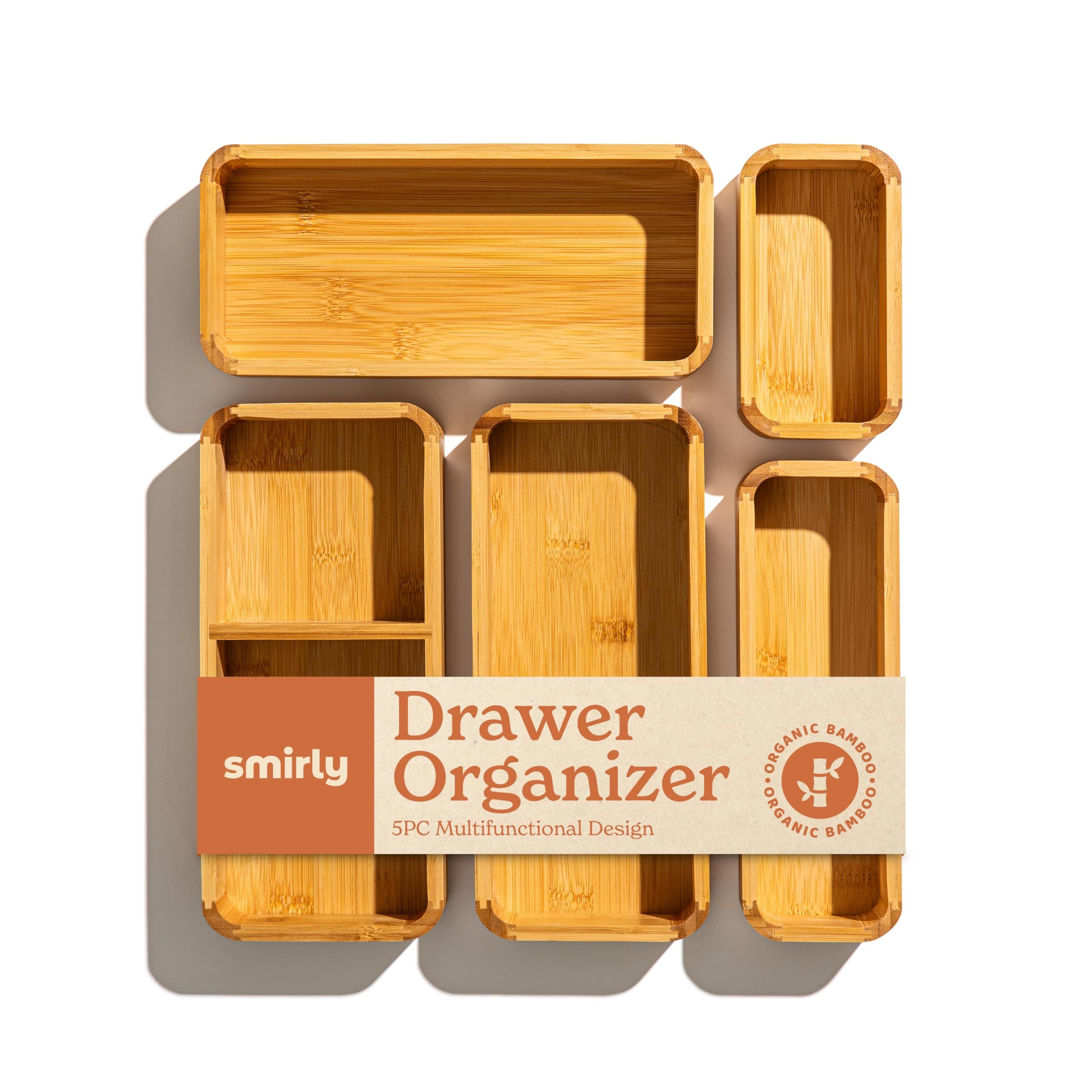 SMIRLY 5-Piece Bamboo Kitchen Drawer Organizer Set for Large and Small Utensils, Multi-use Storage Box - Bathroom, Nightstand, Jewelry, Cutlery, Knife, Spice, Towel, Junk Drawer Tray