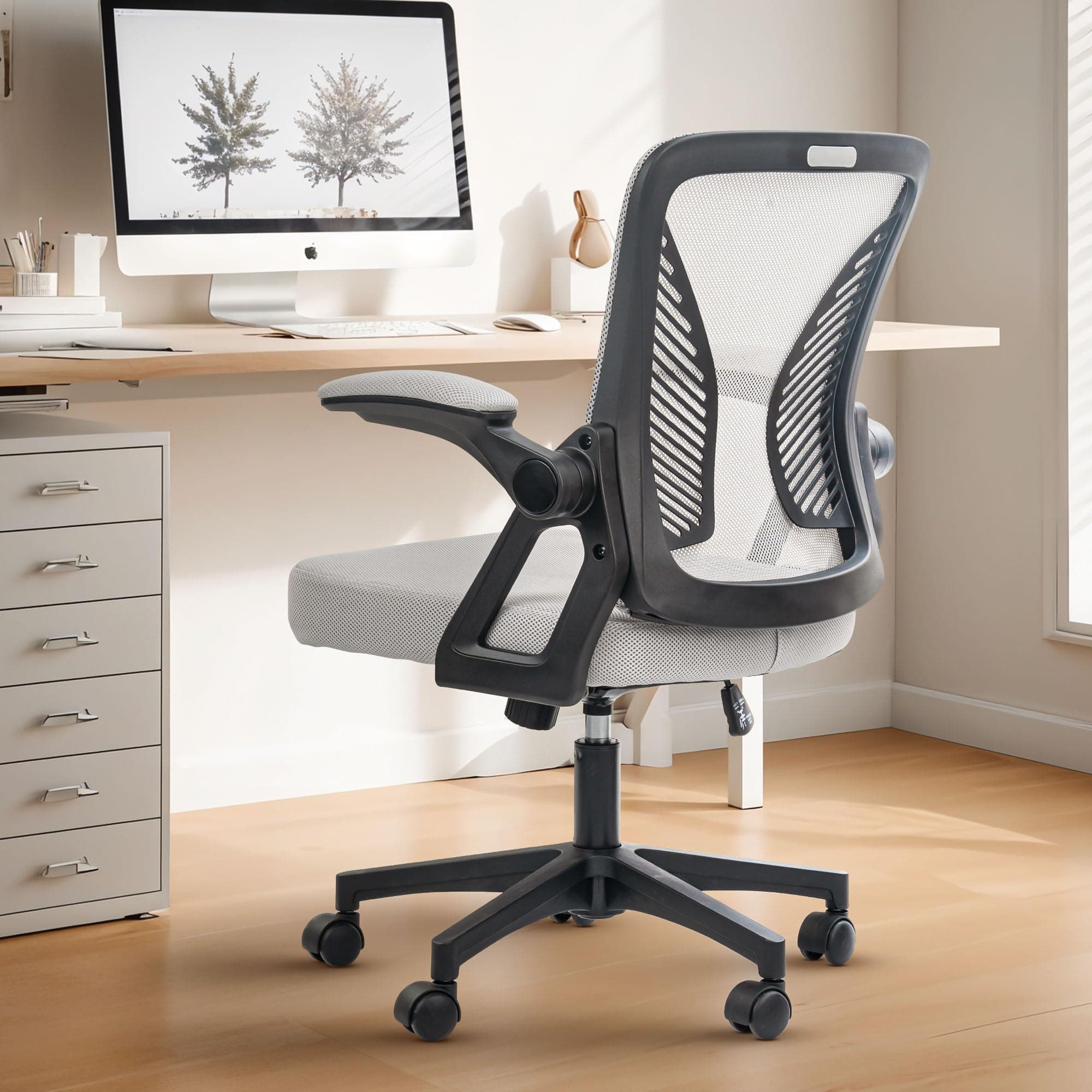 Premium Ergonomic Office Chair for Work from Home, High Back Computer Chair with Breathable Mesh, Flip Up Armrest, Adjustable Seat, Rocking & Winged Back | Mesh Chair for Office (Black/Grey)