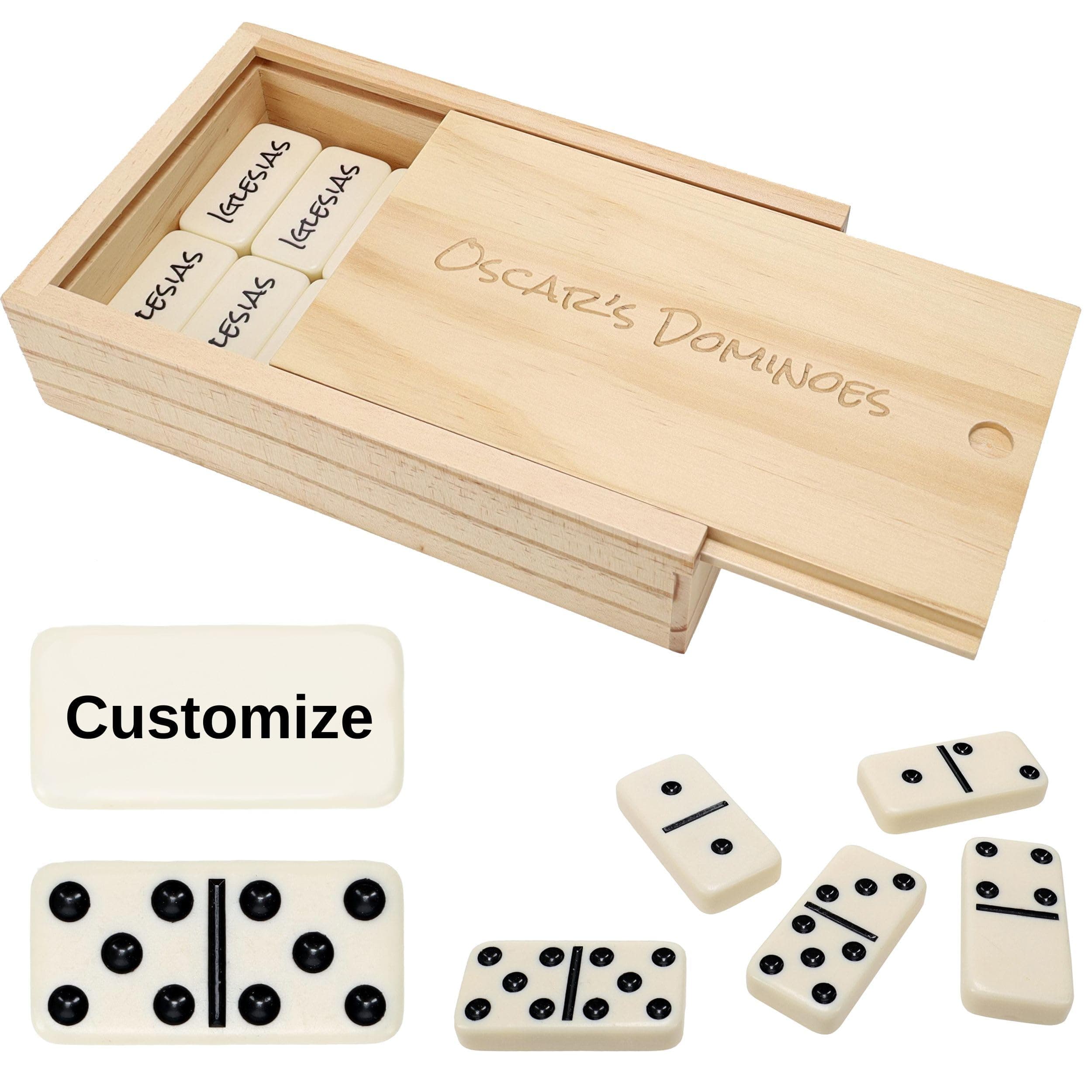 WE Games Custom Double 6 White Dominoes Set in Personalized Engraved Wooden Case with Sliding Lid
