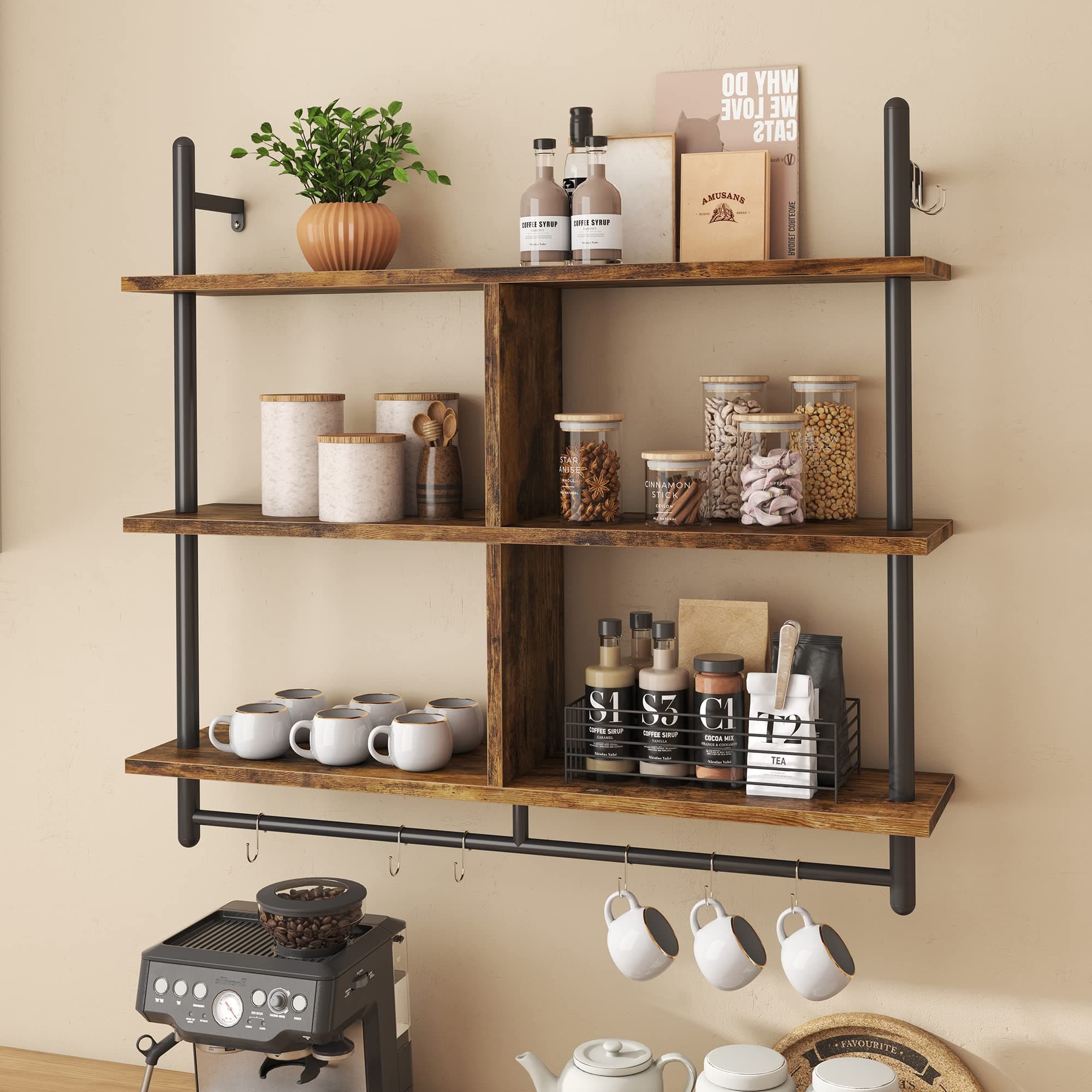 Bestier 41.5" Floating Shelves for Wall 3 Tier Kitchen Shelves Wall Mounted Coffee Bar Shelf Hanging Shelf with 8 Hooks, Industrial Display Pipe Shelving for Kitchen Living Room Bathroom, Rustic Brown