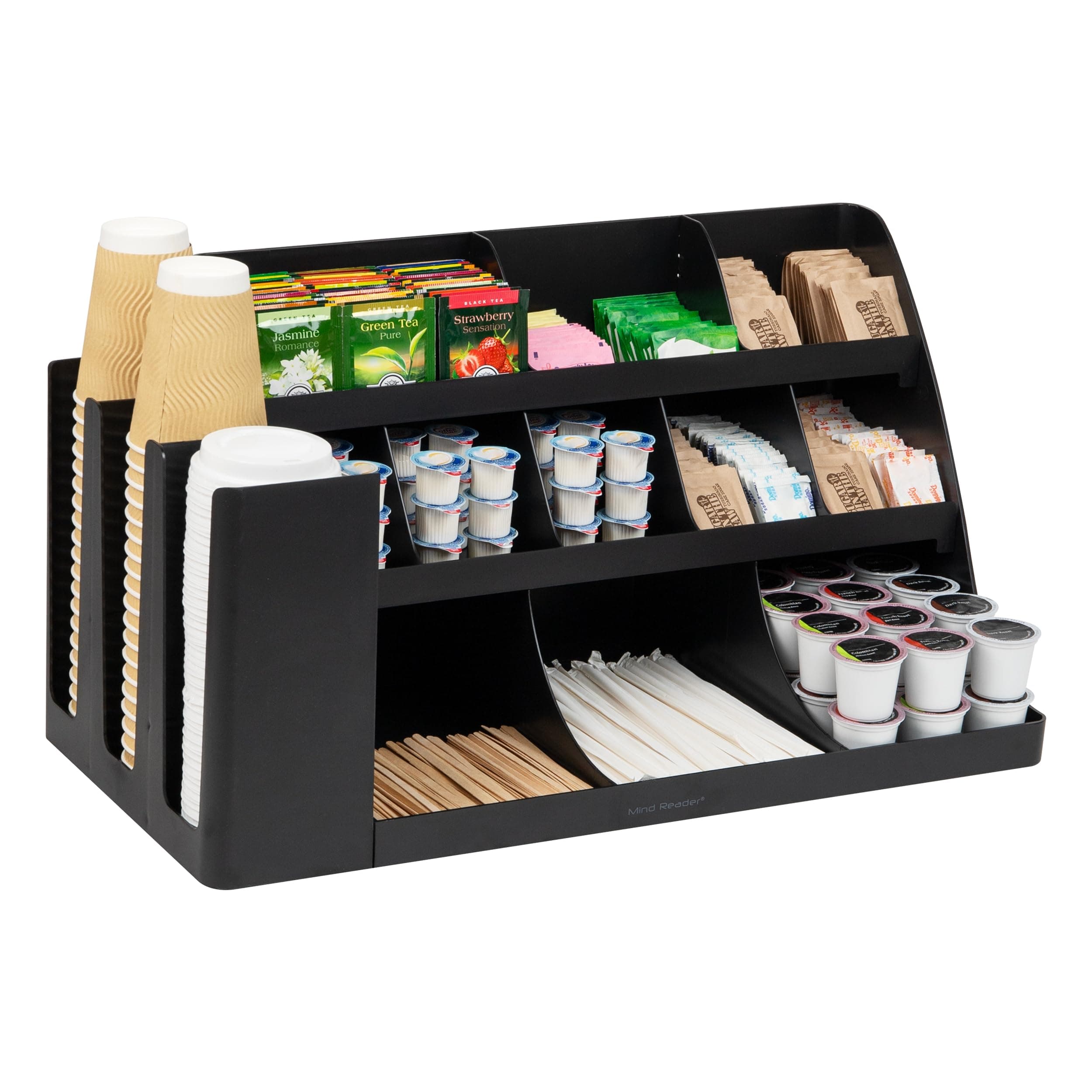 Mind Reader 14 Compartment 3 Tier Large Breakroom Coffee Condiment Organizer, Black
