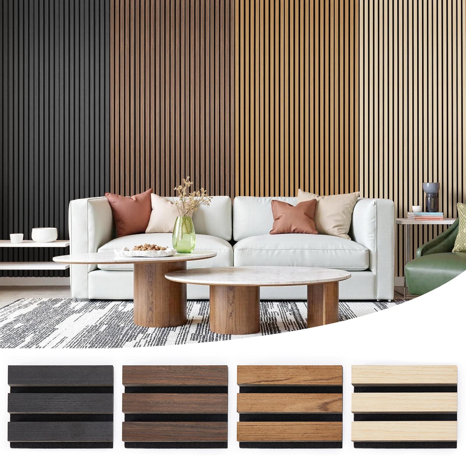 Samples 4-Pack 6" x 4.7" Wood Slat Acoustic Panels - Include Black, Walnut, Oak, Teak