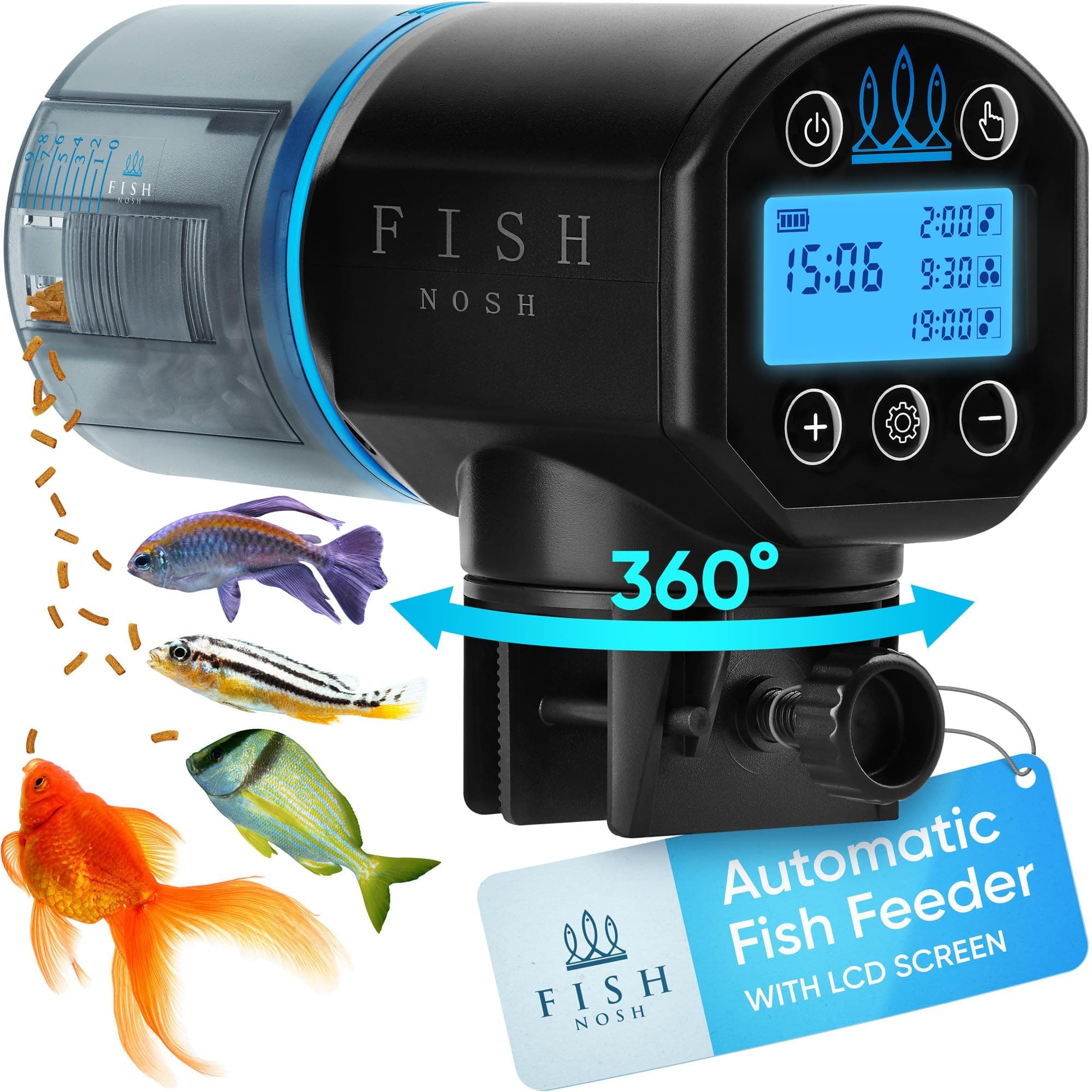 FISHNOSH Automatic Fish Feeder for Aquarium - New Generation 2023, Auto Food Dispenser with Timer for Small Tank, Big Aquariums & Pond - Battery-Operated Feeders for Goldfish, Koi, & More on Weekend