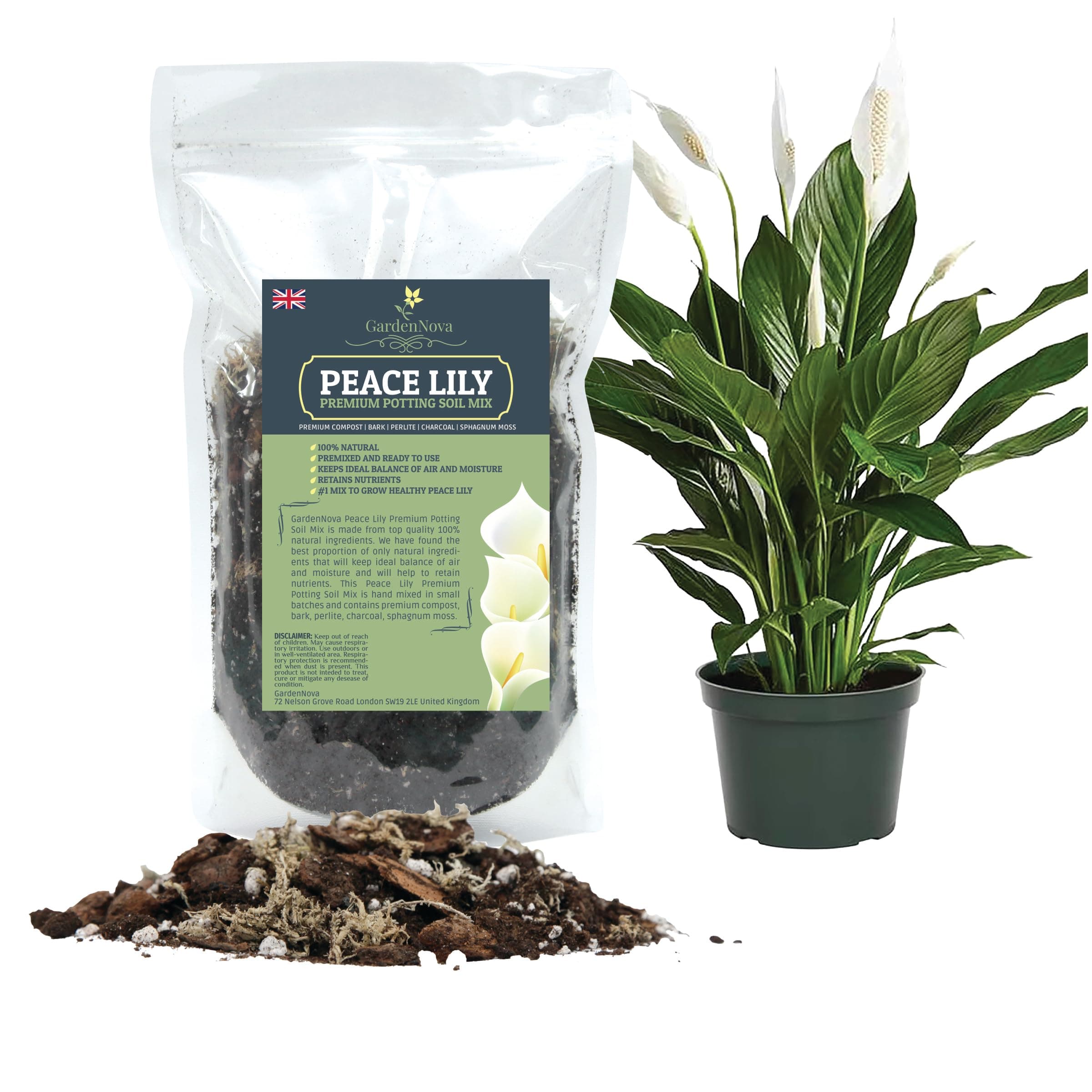 – GardenNova's Expert Blend for Peace Lilies: Premium Organic Compost, Bark, Perlite, Charcoal, Sphagnum Ideal for Indoor Plants - [1-Liter Bag]