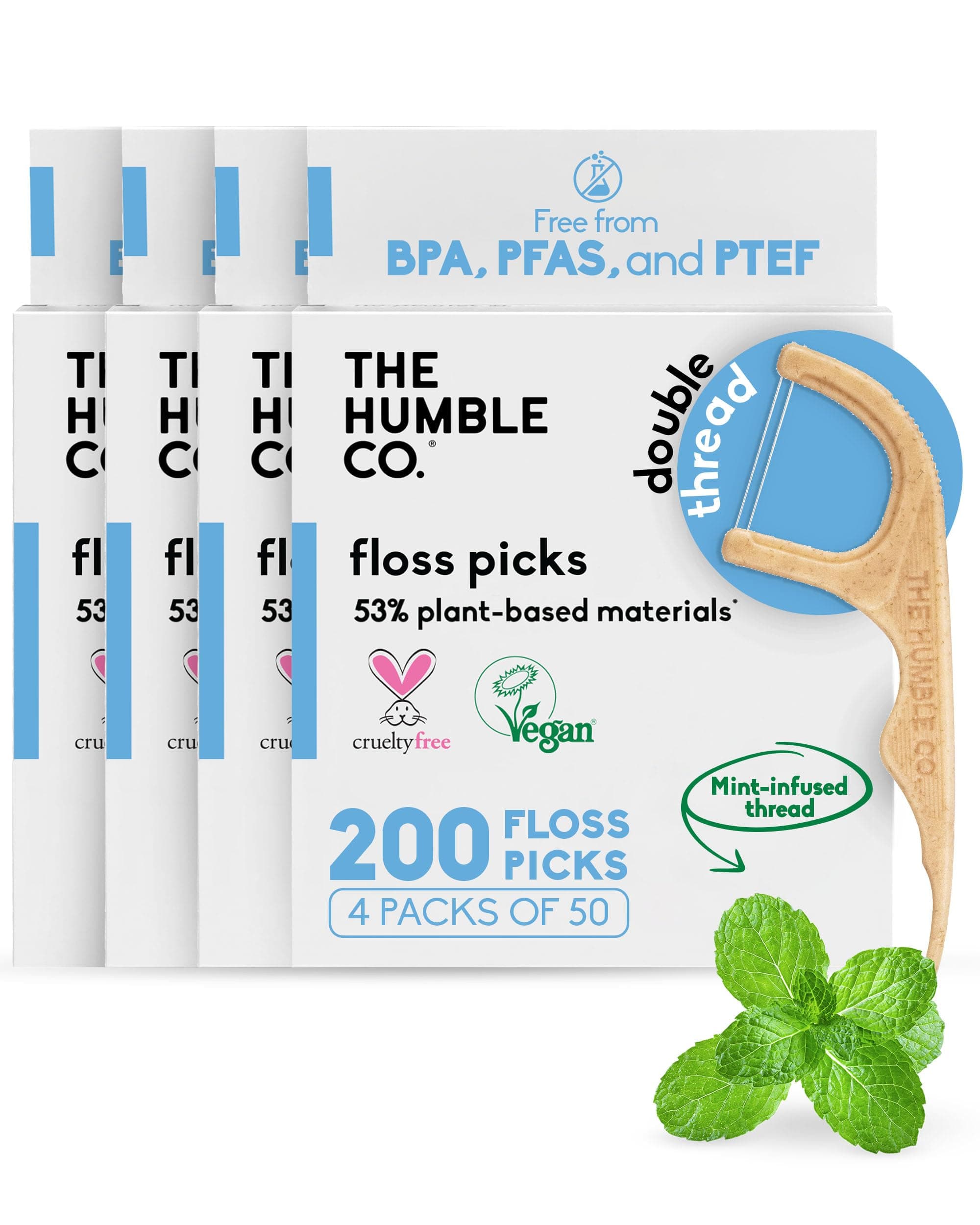 The Humble Co. Plant Based Floss Picks | Fresh Mint | Eco-Friendly, Vegan for Your Everyday Oral Care - Dentist Approved - Removes Plaque and Gives a Fresh Feel (4 x 50p)