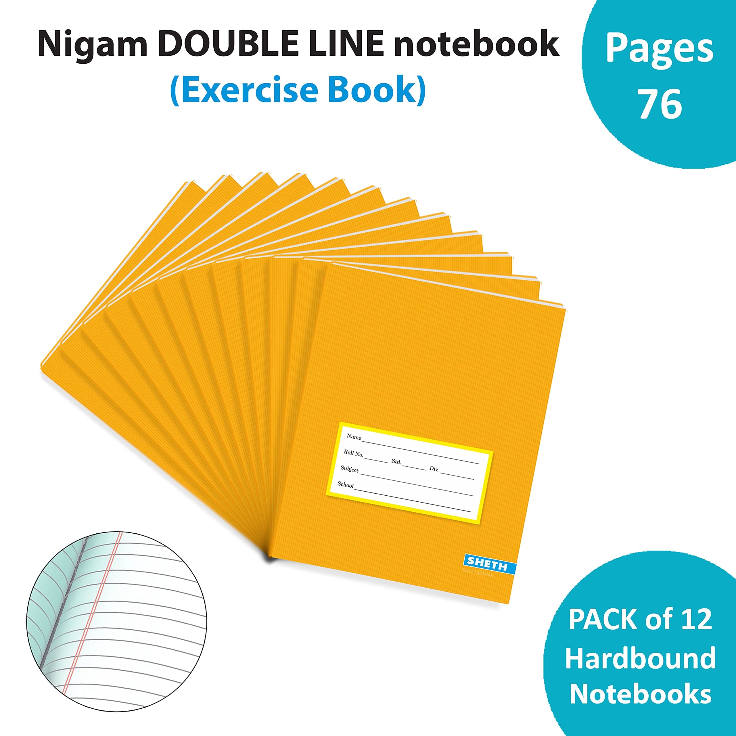 Nigam Double Line Note Book 76 Pages Hard Bound 15.5 X 19 cm (Set of 12) | 58 GSM Paper | Exercise Book | Saddle Stitch Binding with Thread | Center Stitched Binding with Thread | Brown Cover | School Notebook | Dozen Packing | Hindi Writing | Language Writing [Paperback] Sheth
