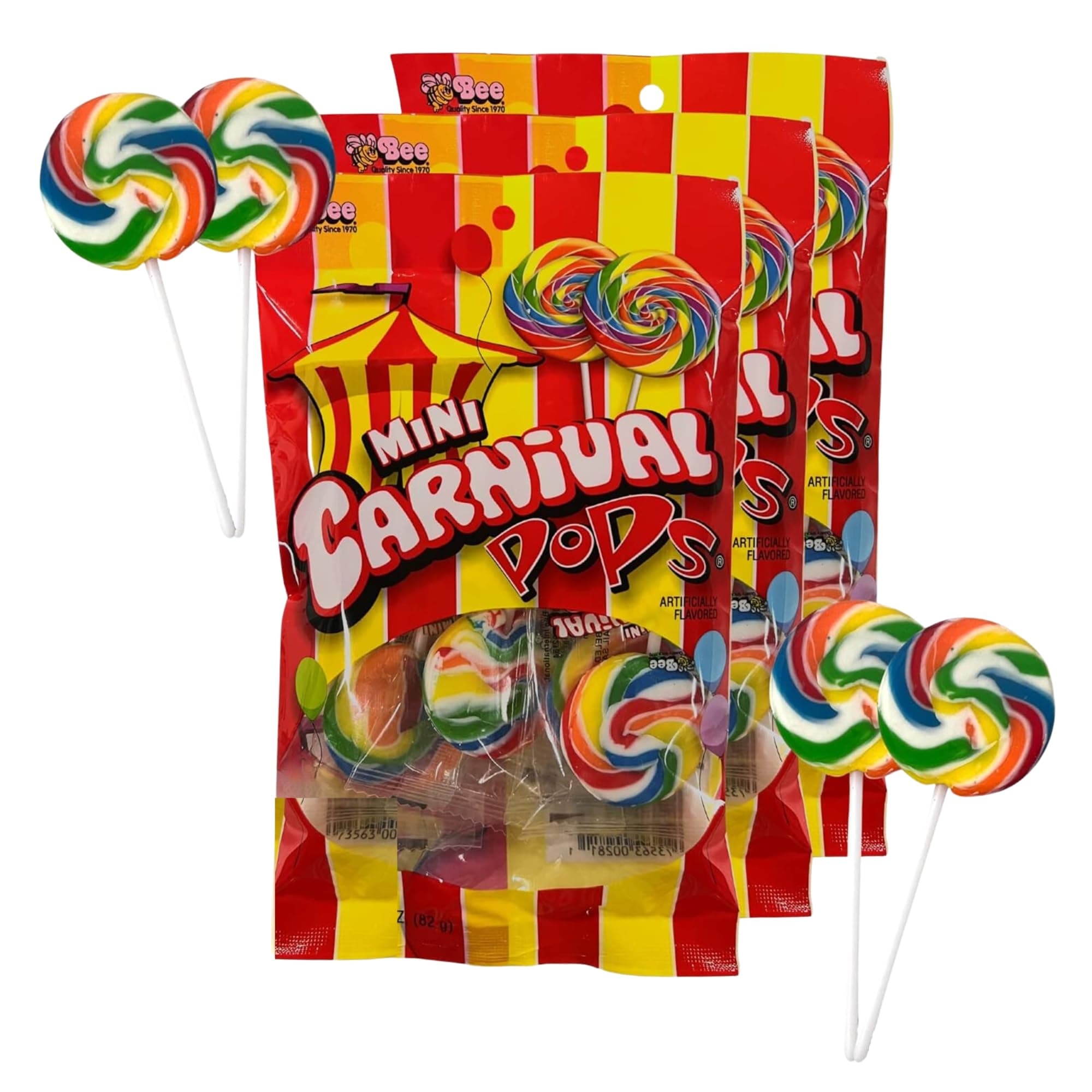 Needzo Mini Carnival Lollipop Packs, Shareable Individually Wrapped Traditional Multi Colored Swirl Pops, Candy Magnet Included, 7 Lollipops Per Bag, 3 Pack