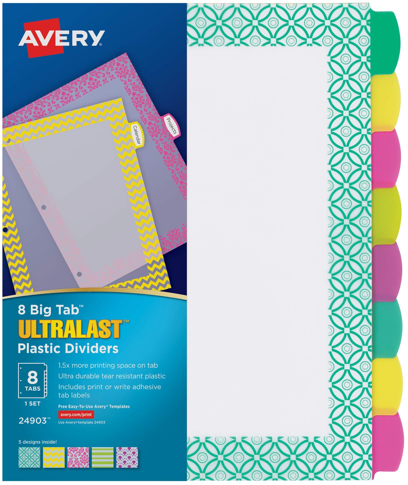 Avery Ultralast Big Tab Plastic Dividers for 3 Ring Binders, 8-Tab Set, Assorted Designs with White Labels, 1 Set (24903)