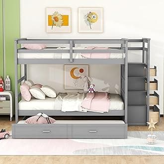 Solid Wood Full Over Full Bunk Bed with Stairway and Twin Size Trundle, Full Size Bunk Bed Frame with Guard Rail and 4 Drawers for Kids Teens Adults Bedroom, Dorm (Grey-WB)