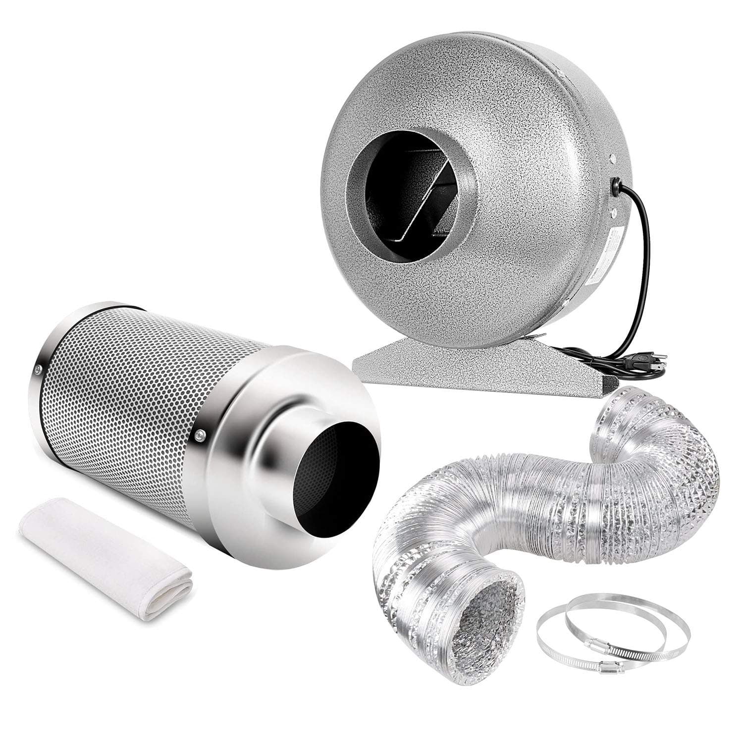 iPower 4 Inch 190 CFM Inline HVAC Vent Blower Fan with 4" Air Carbon Filter 8 Feet Ducting Combo Set for Grow Tent Ventilation, Silver