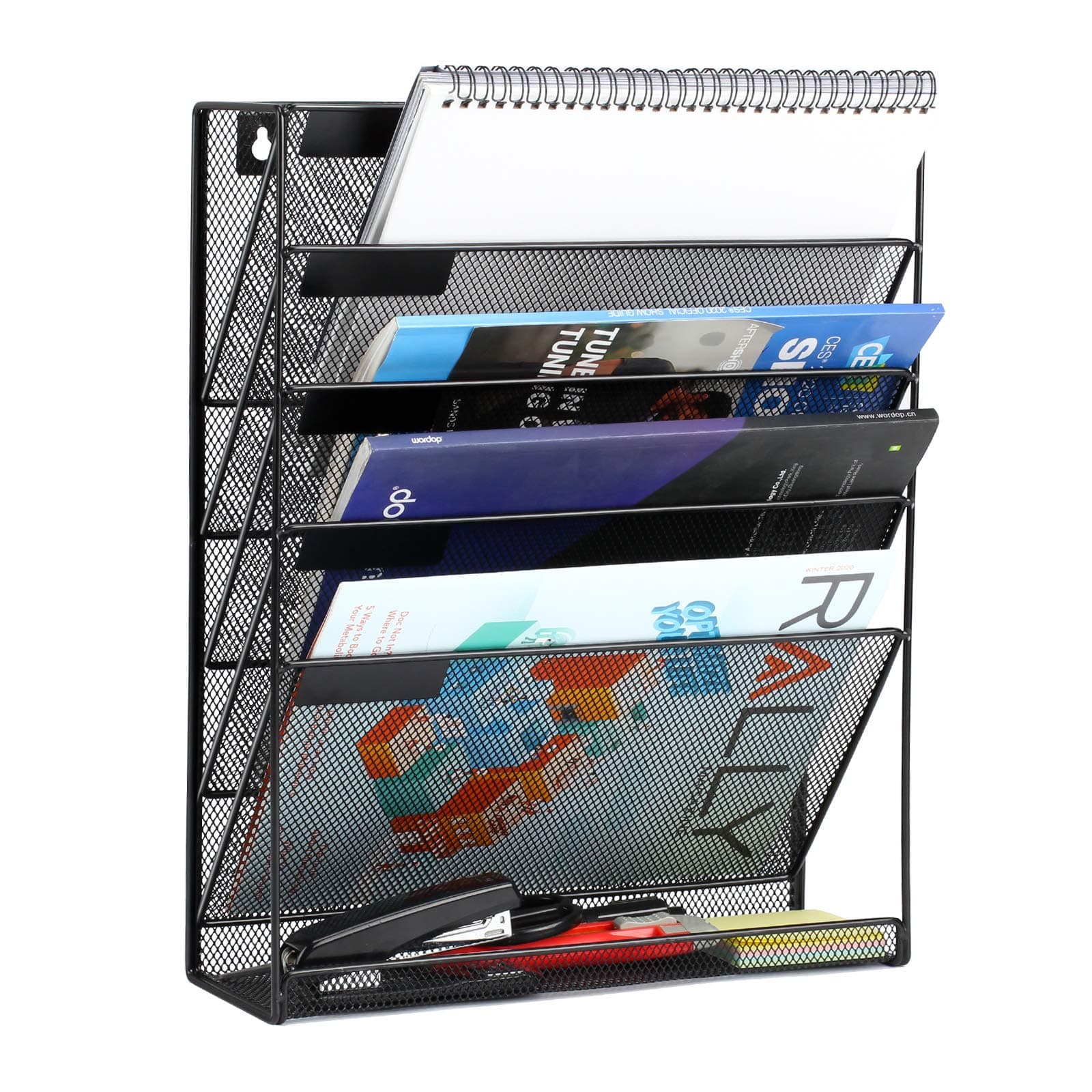 TreeLen Mesh Hanging Wall File Organizer 6 Tier Vertical Mount, Durable Wall File Holder with Bottom Flat Tray for Office Home, Black