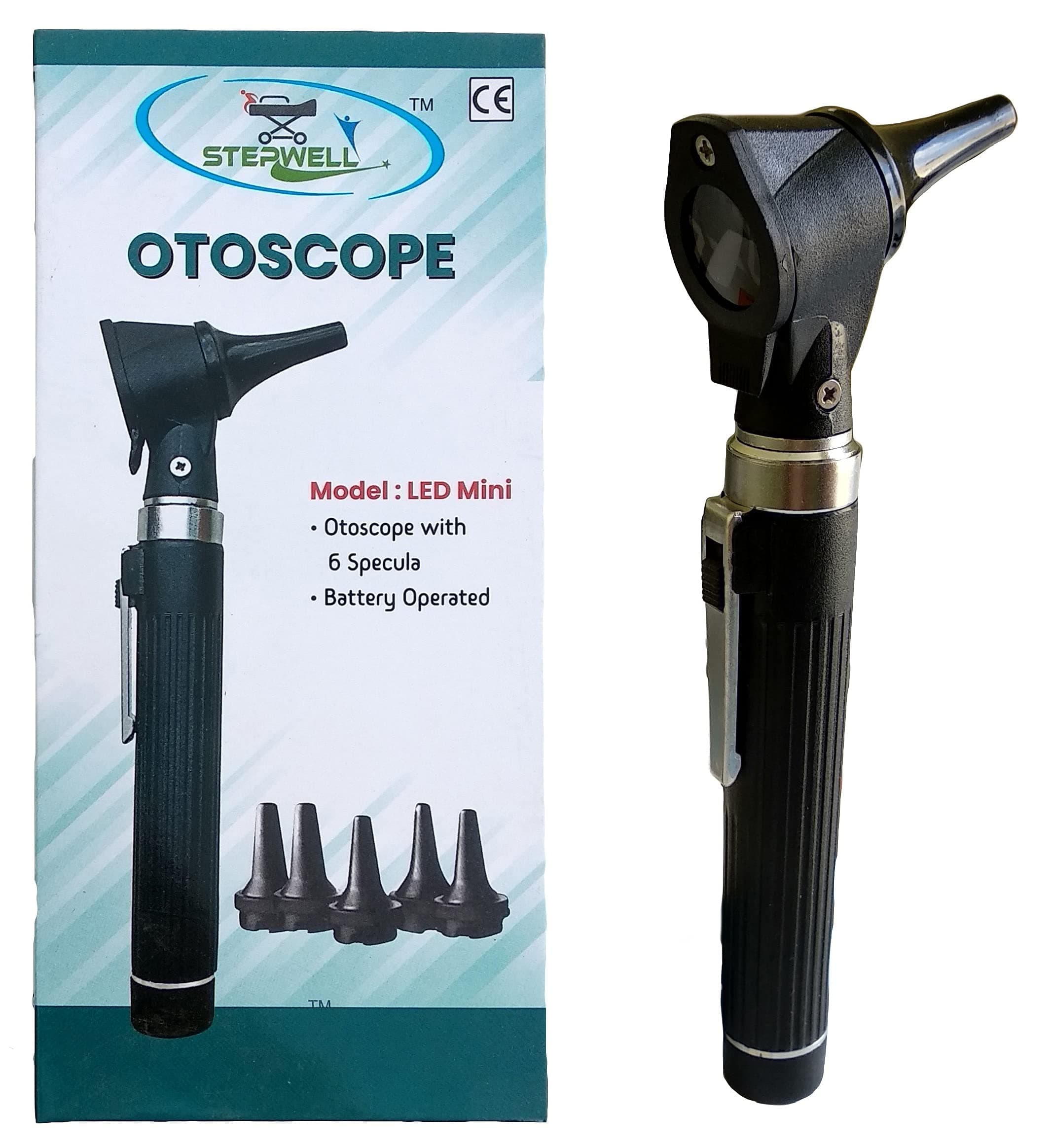 LED Otoscope (White Light) Pocket Scope, with Battery Handle (Black)