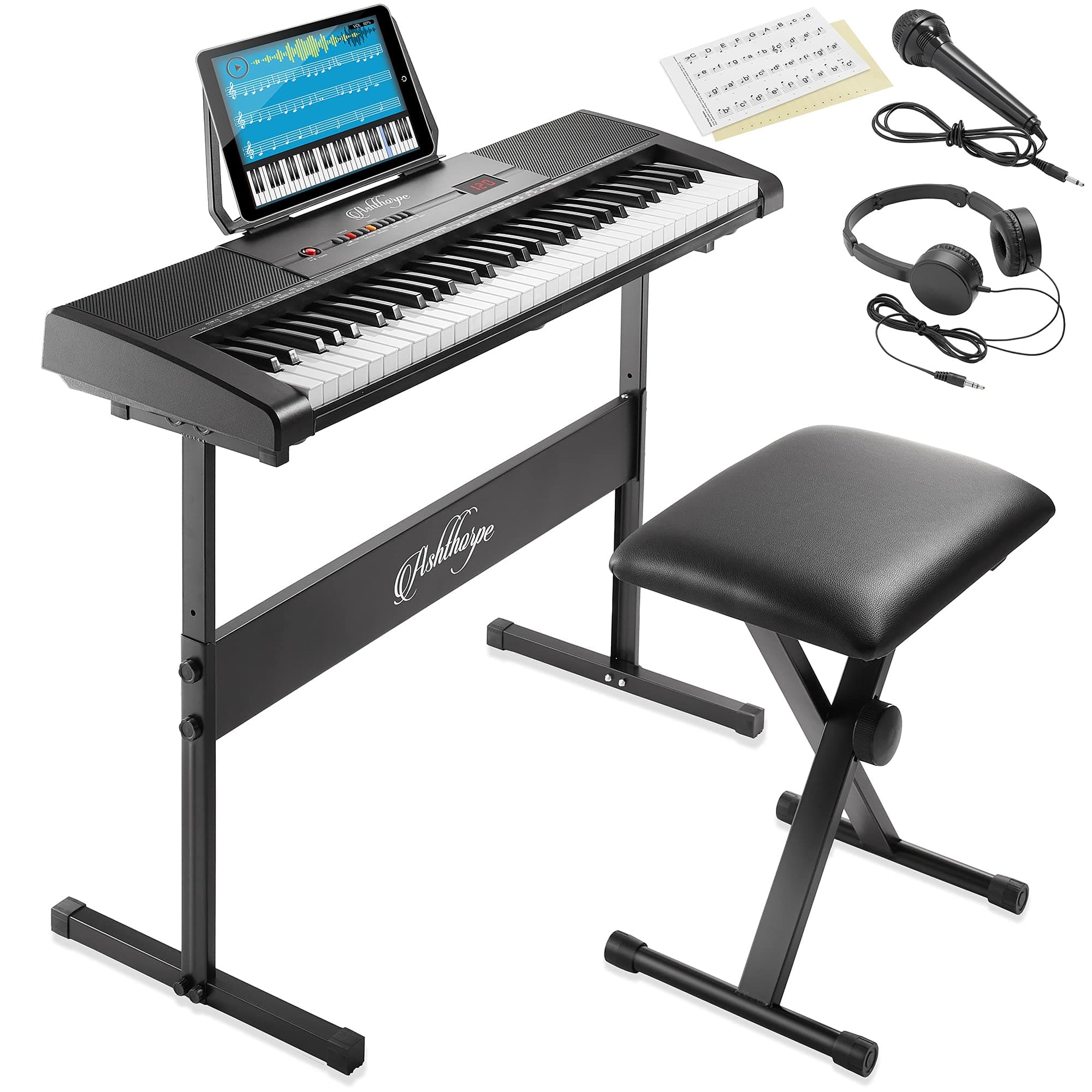 61-Key Digital Electronic Keyboard Piano, Beginner Kit with Stand, Bench, Headphones, Mic and Keynote Stickers