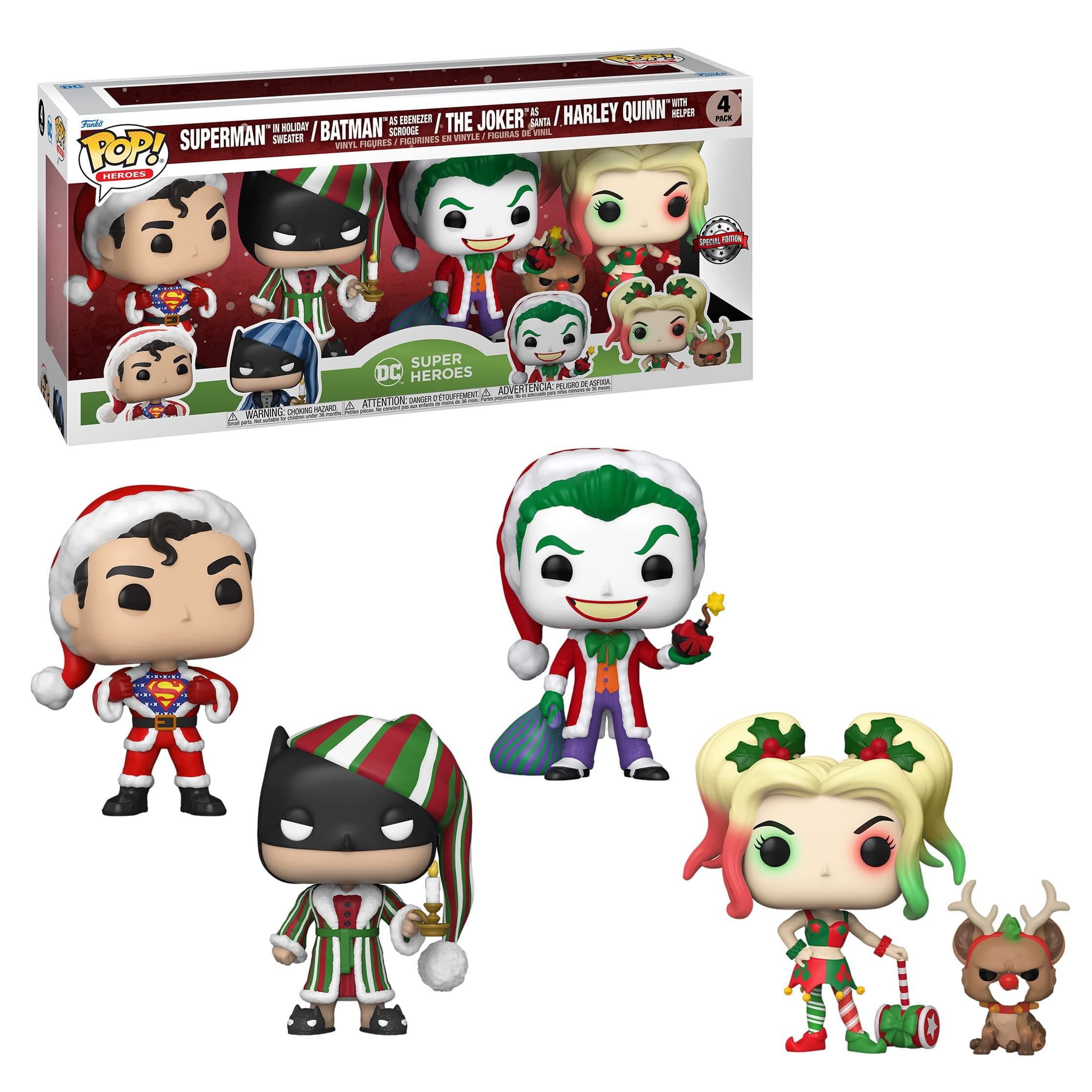 Pop! DC Comics Christmas 4 Pack Special Edition Exclusive Vinyl Figures - Superman in Holiday Sweater, Batman as Ebenezer Scrooge, The Joker as Santa, Harley Quinn with Helper
