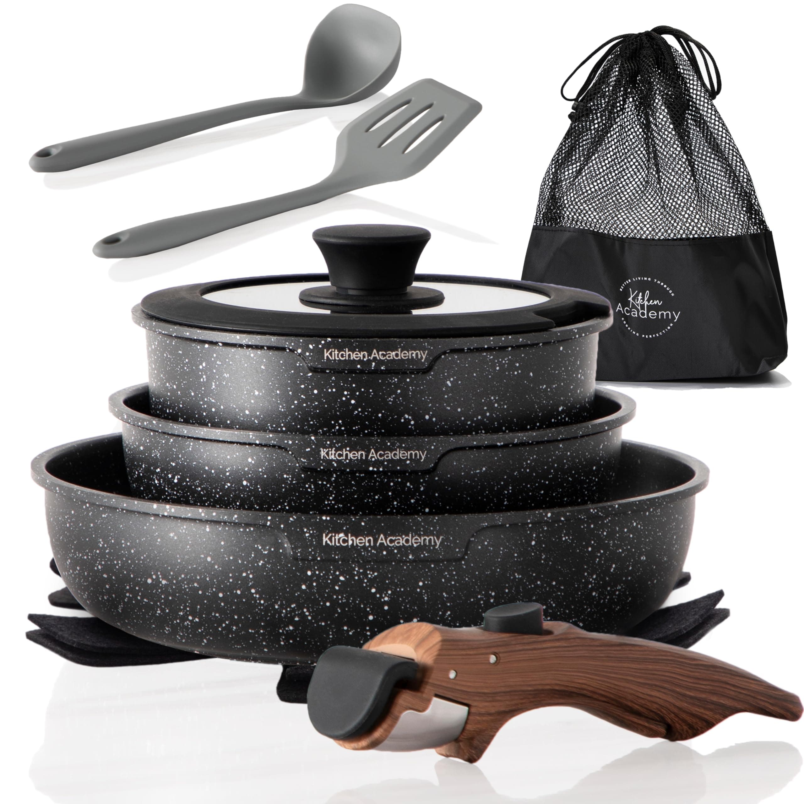 Non Stick Pots and Pans Set, Detachable Handle Induction Hob Pans Set,10 Piece Black Granite Cookware Set with Removable Handle Stackable RV Camp Cookware