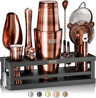 BARE BARREL® Cocktail Making Kit | 16-Piece Bartender Kit Cocktail Shaker Set Maker | Bamboo Display Stand & 35 Recipe Cards | Mixology Cocktail Gift Set (800ml/28oz Boston Shaker, Copper/Black)