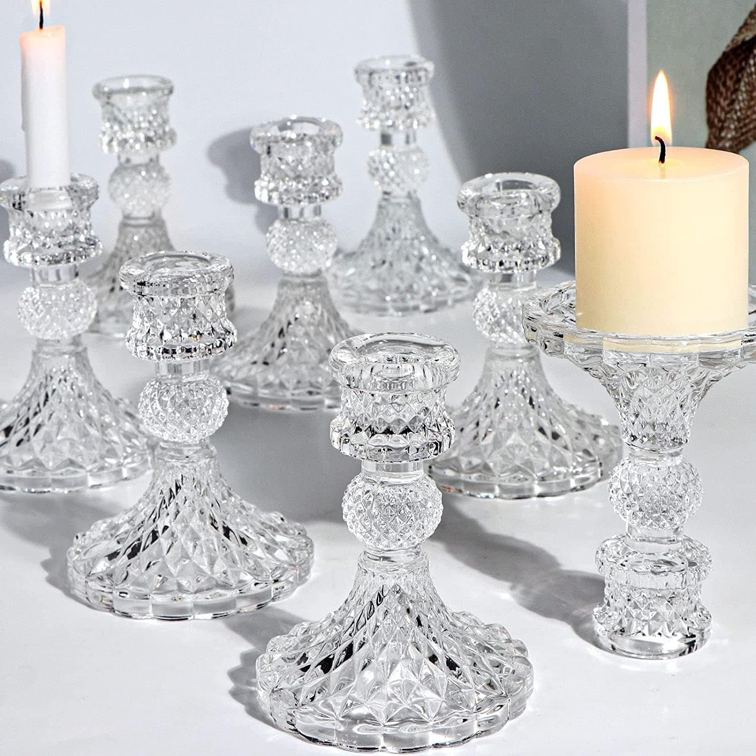 DARJEN Candlestick Holders Set, 4" H Taper Candle Holders Bulk, 12Pcs Clear Glass Candle Holders for Wedding, Festival, Party & Windowsill Decor, Dimond Pattern